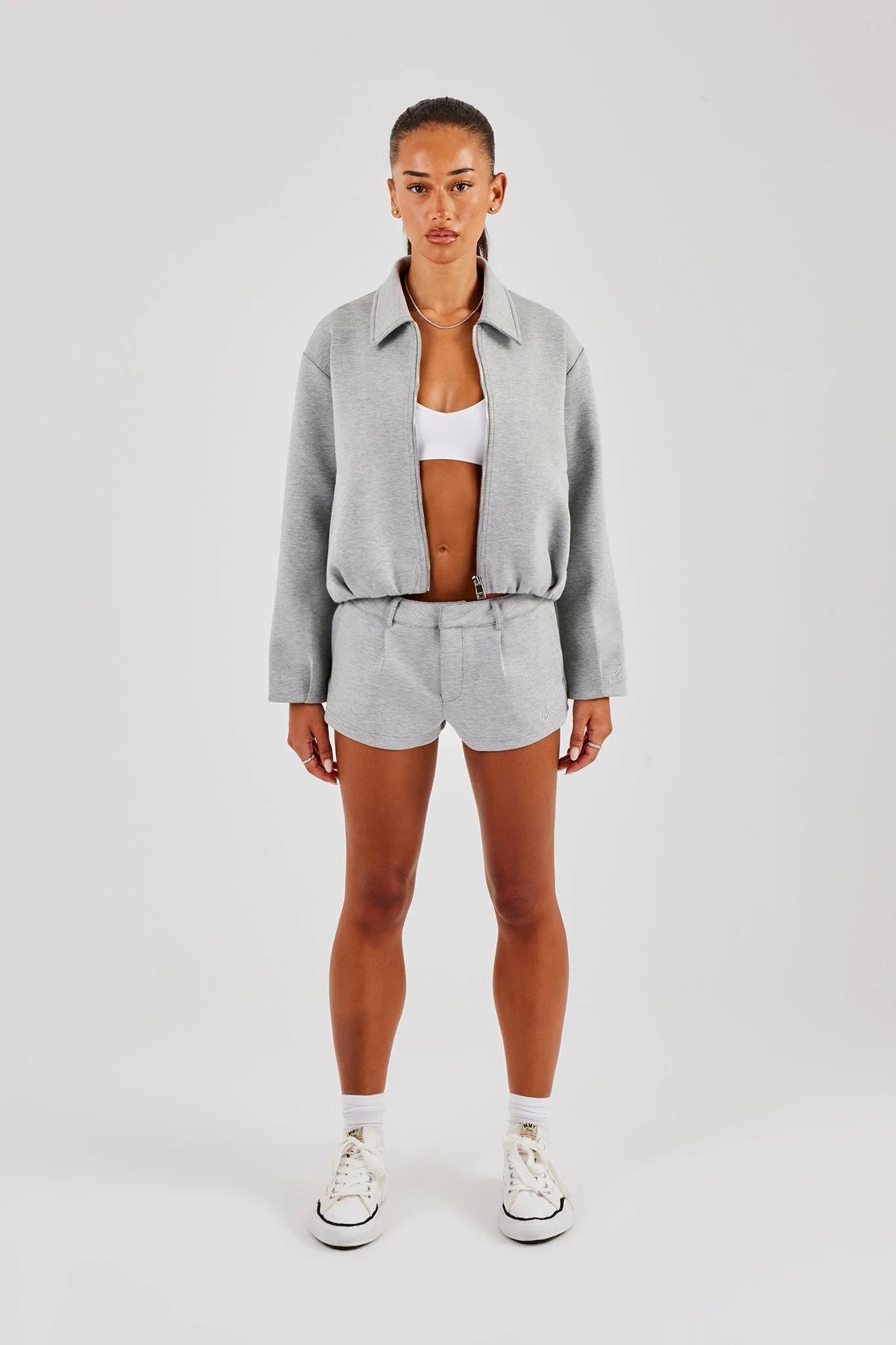 Scuba Funnel Neck Crop Jacket & Short - Grey - Image 2