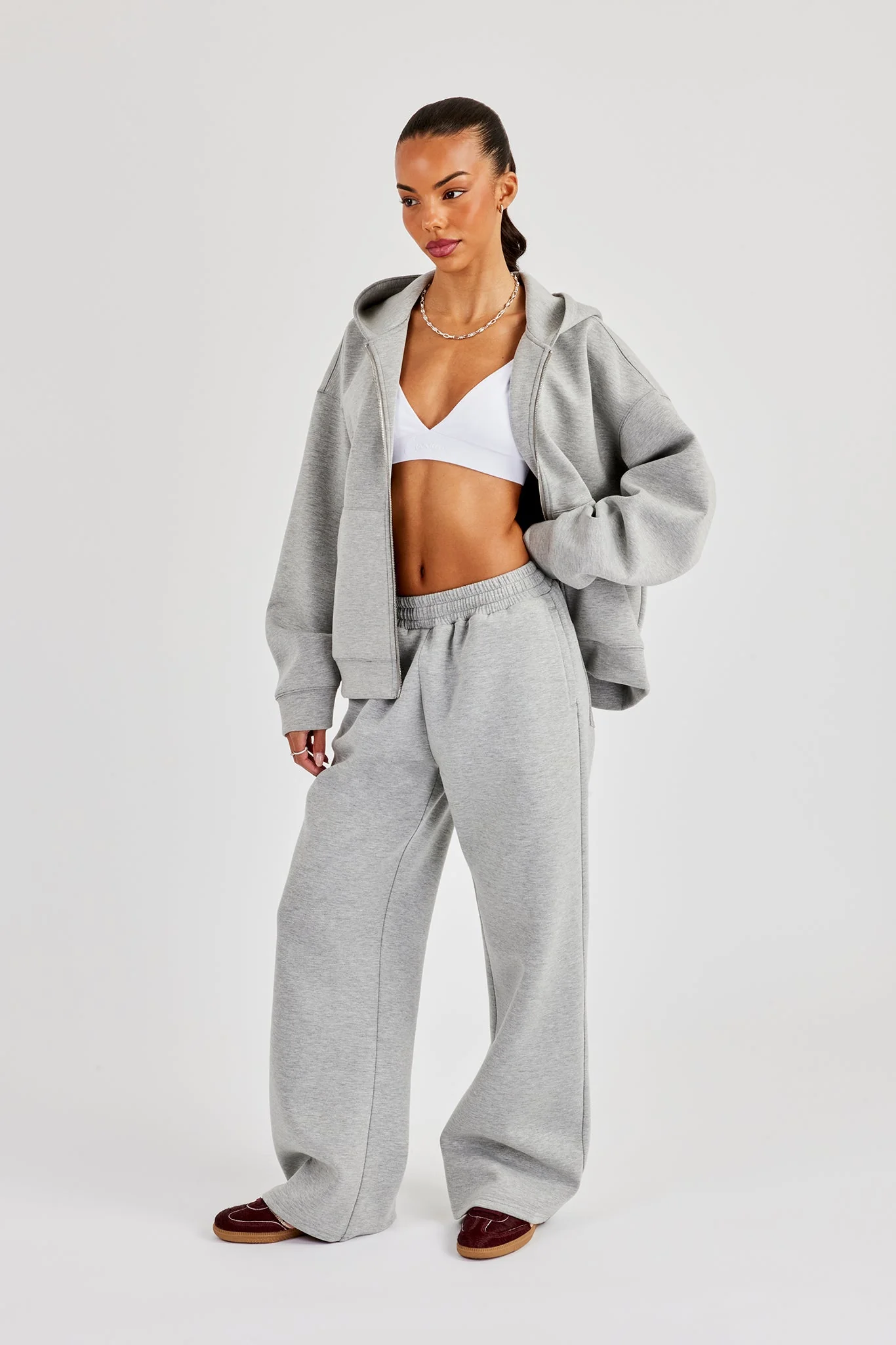 Scuba Oversized Zip Through Hoodie & Wide Leg Jogger - Grey