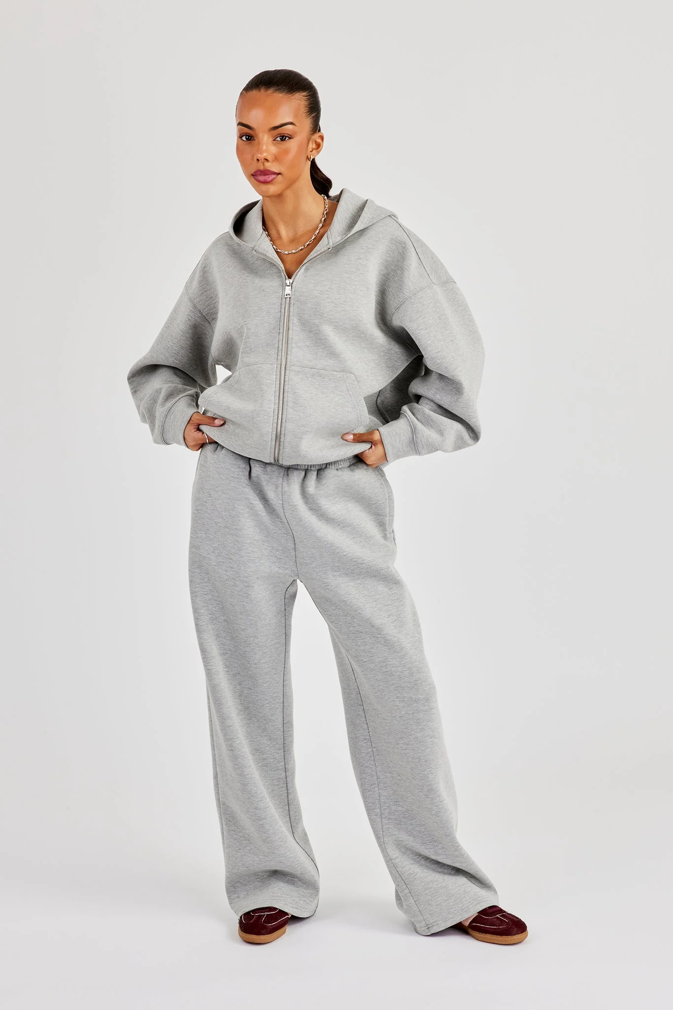 Scuba Oversized Zip Through Hoodie & Wide Leg Jogger - Grey - Image 2
