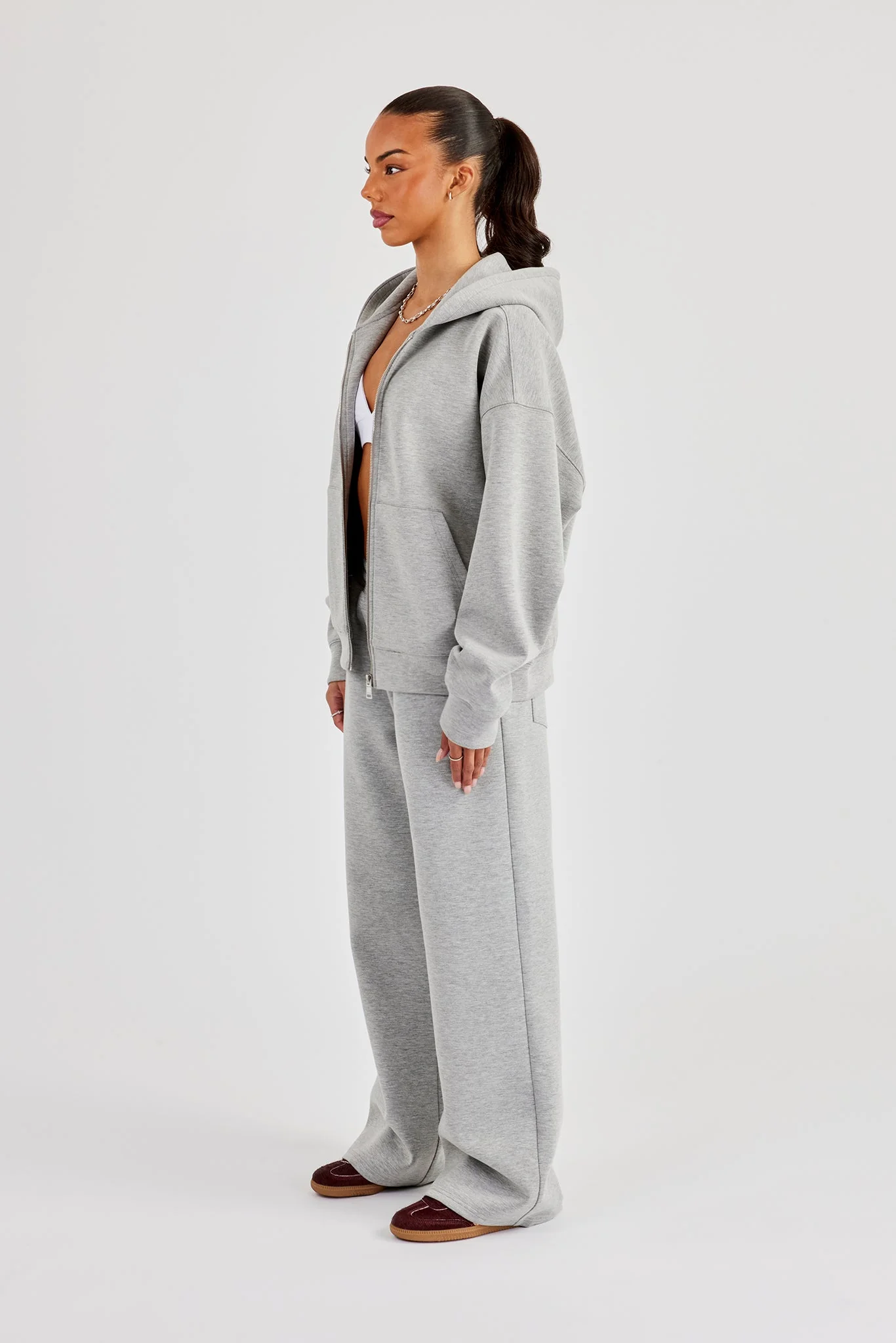 Scuba Oversized Zip Through Hoodie & Wide Leg Jogger - Grey - Image 3