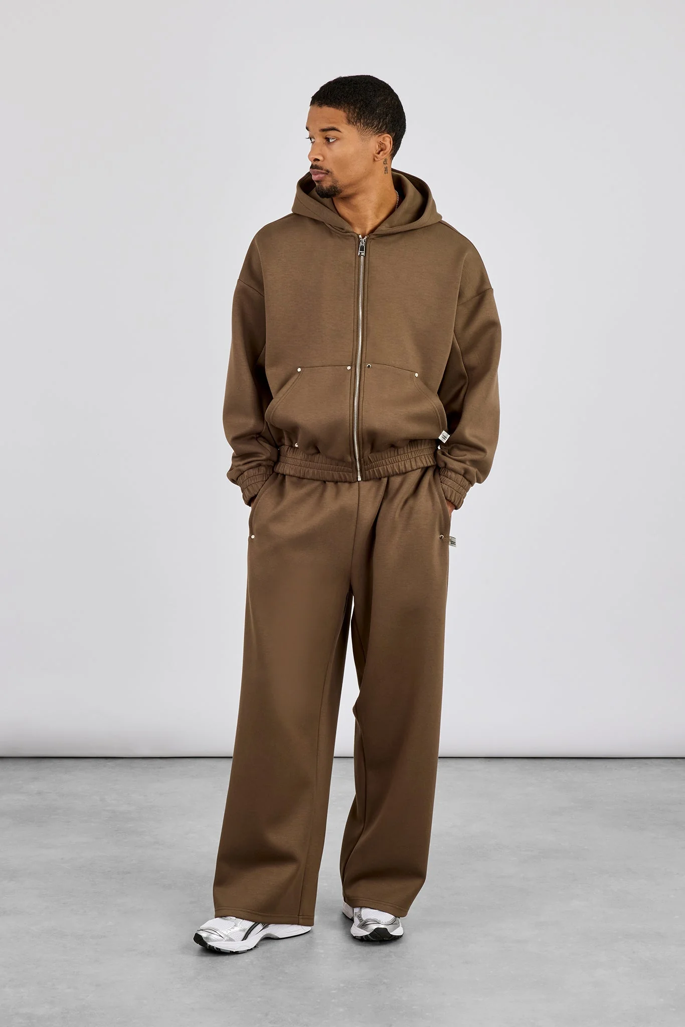 Scuba Zip Hoodie & Baggy Jogger With Woven Tab - Khaki - Image 4