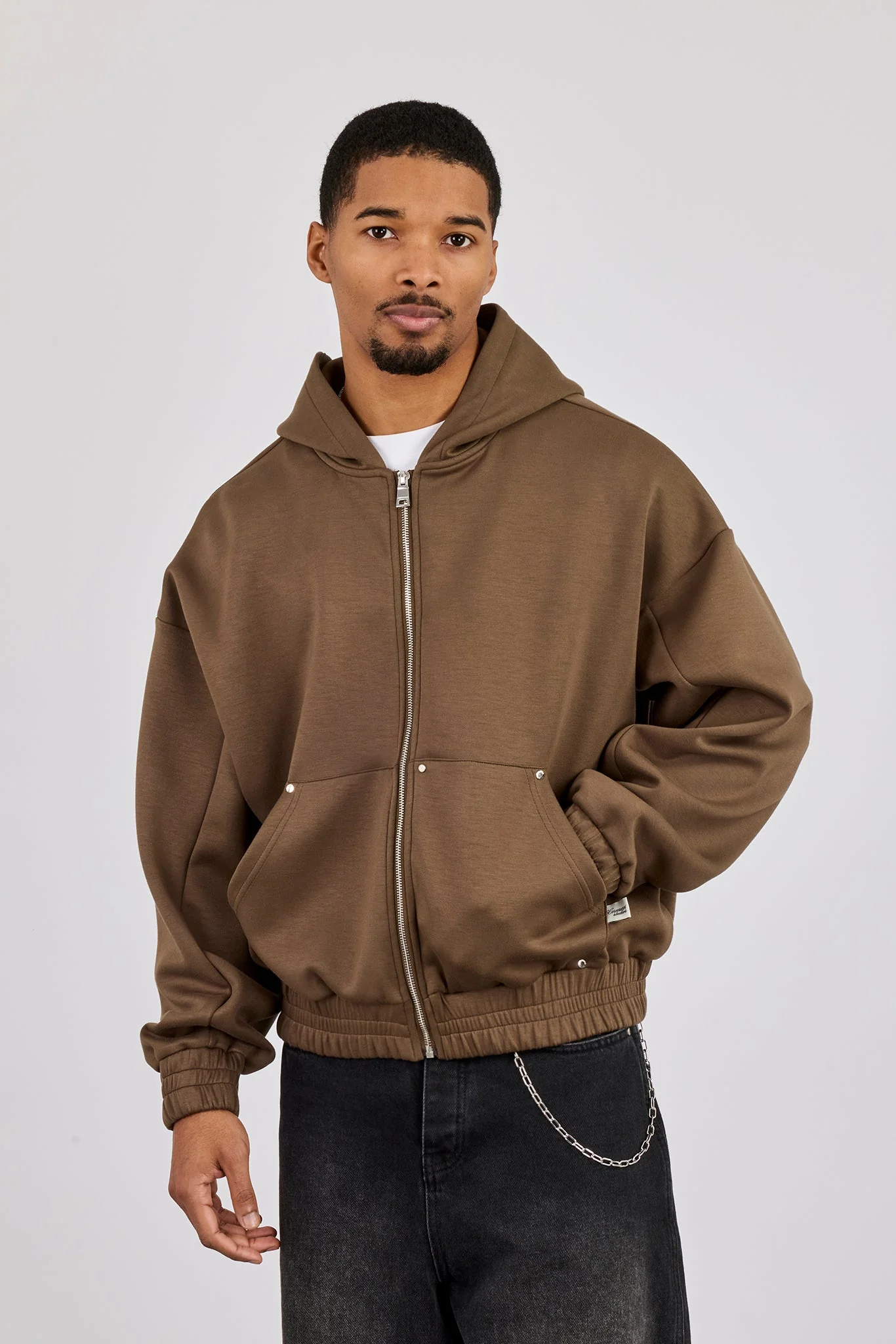 Scuba Zip Hoodie With Woven Tab - Khaki
