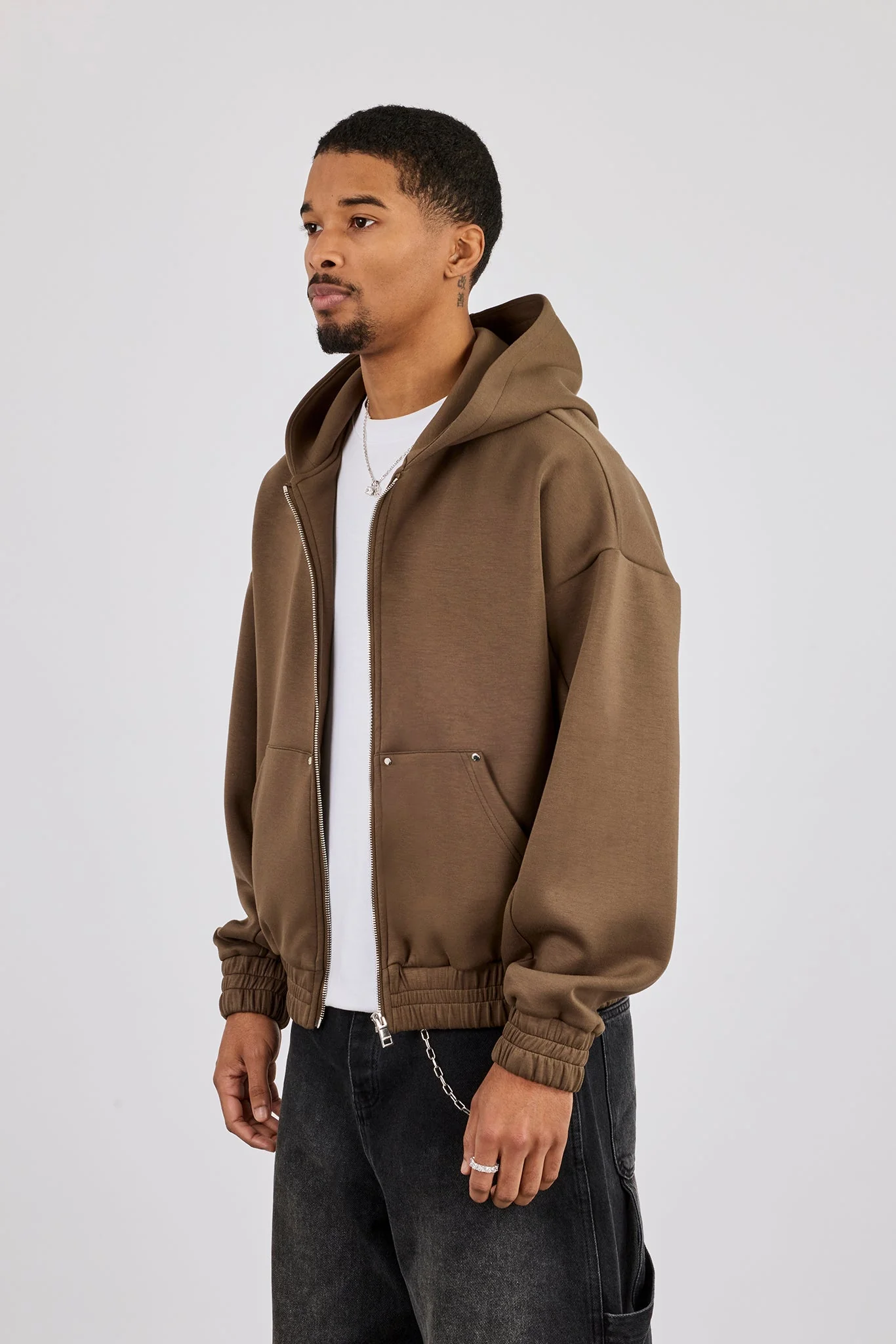 Scuba Zip Hoodie With Woven Tab - Khaki - Image 2
