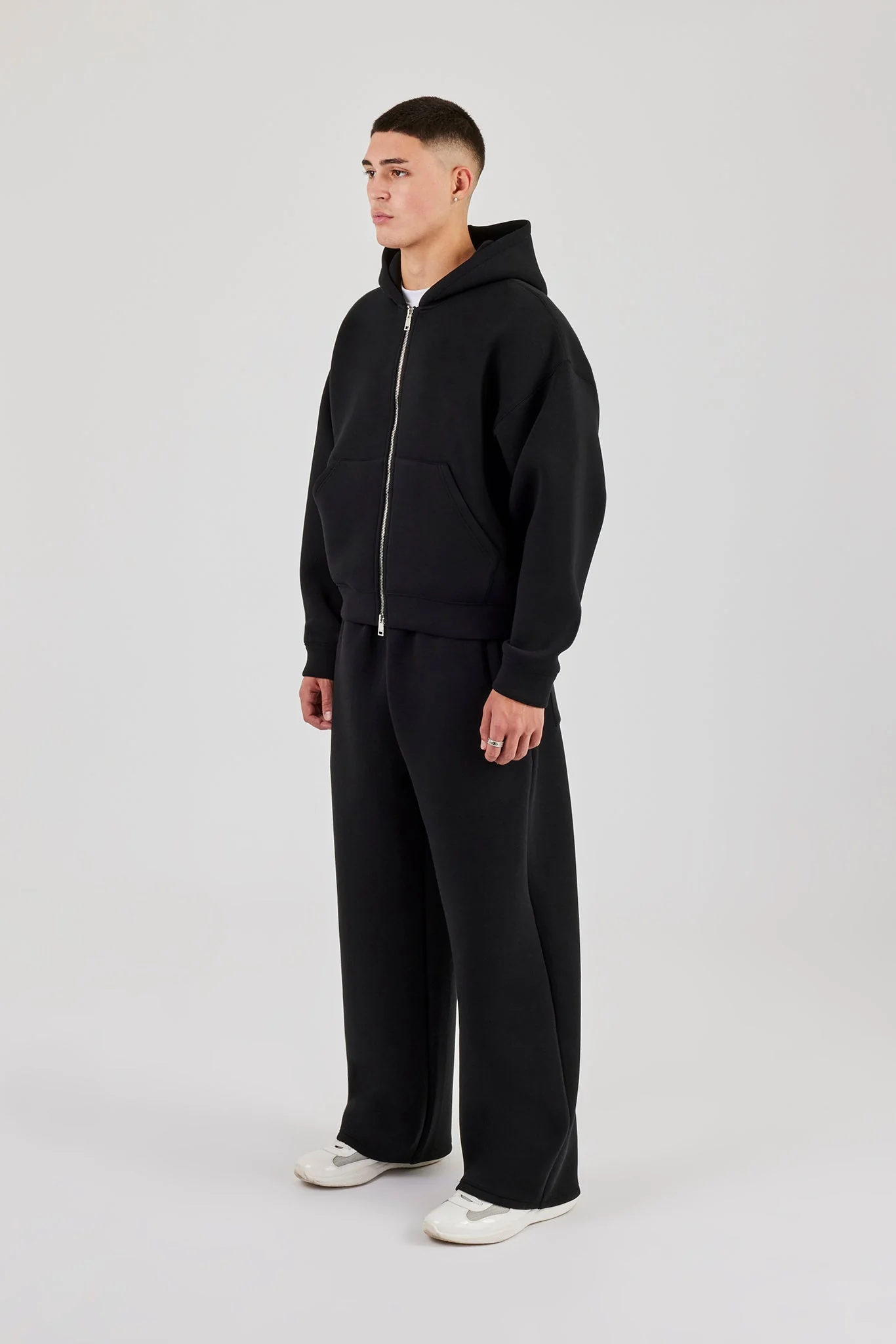 Scuba Zip Through Boxy Hoodie & Baggy Fit Trouser - Black - Image 2