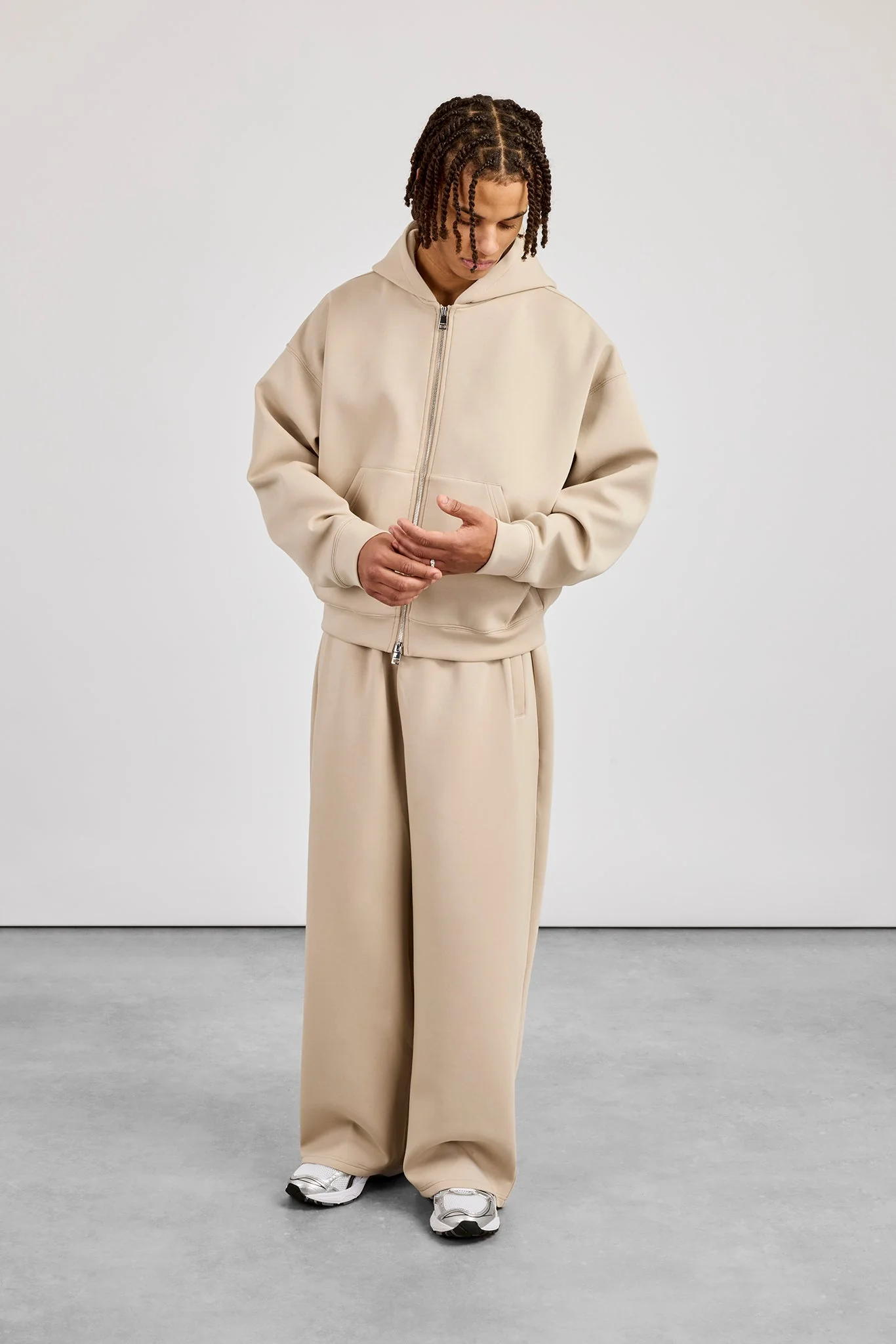 Scuba Zip Through Boxy Hoodie & Baggy Fit Trouser - Stone
