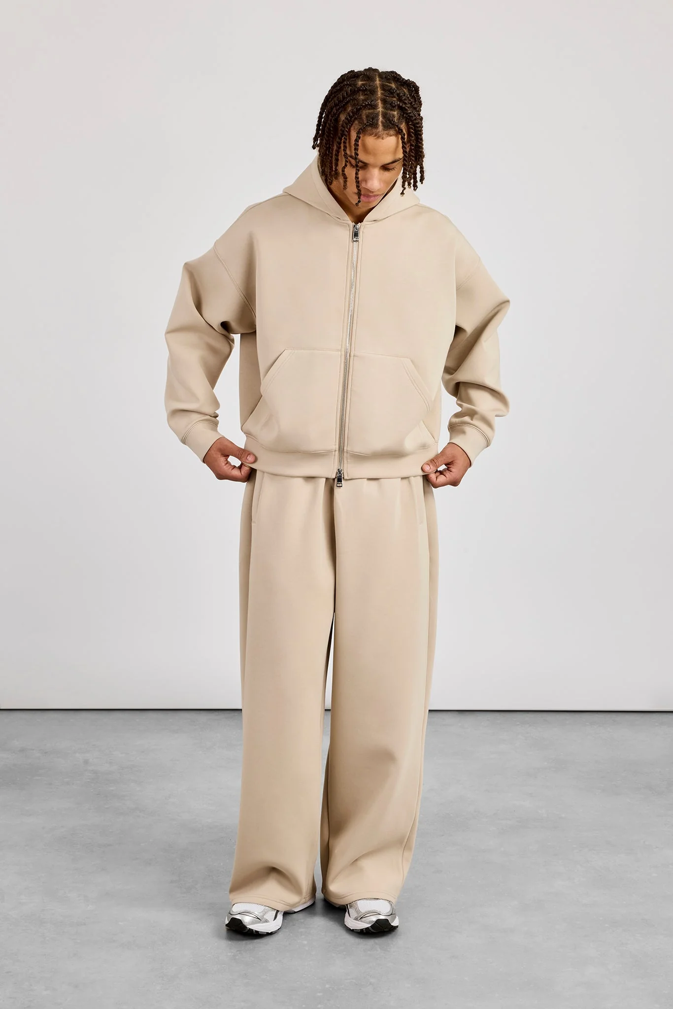 Scuba Zip Through Boxy Hoodie & Baggy Fit Trouser - Stone - Image 2