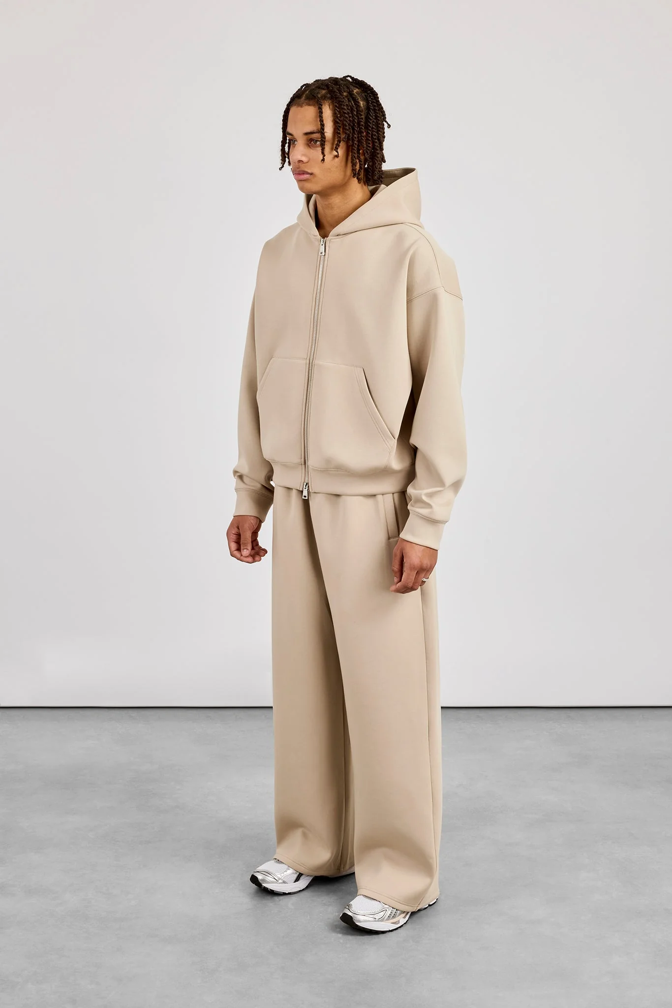 Scuba Zip Through Boxy Hoodie & Baggy Fit Trouser - Stone - Image 4