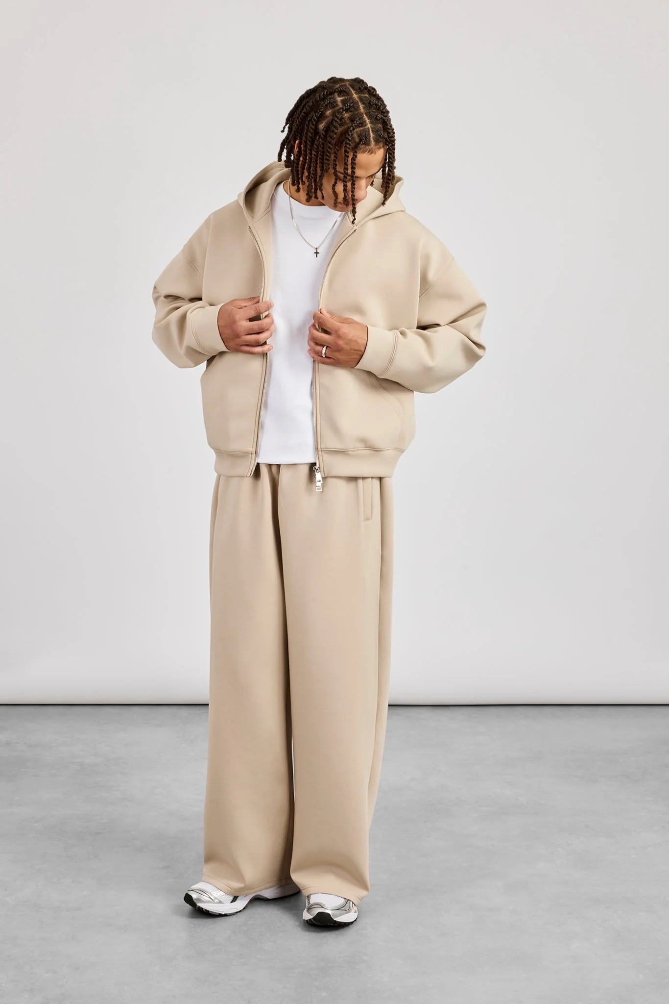 Scuba Zip Through Boxy Hoodie & Baggy Fit Trouser - Stone - Image 5