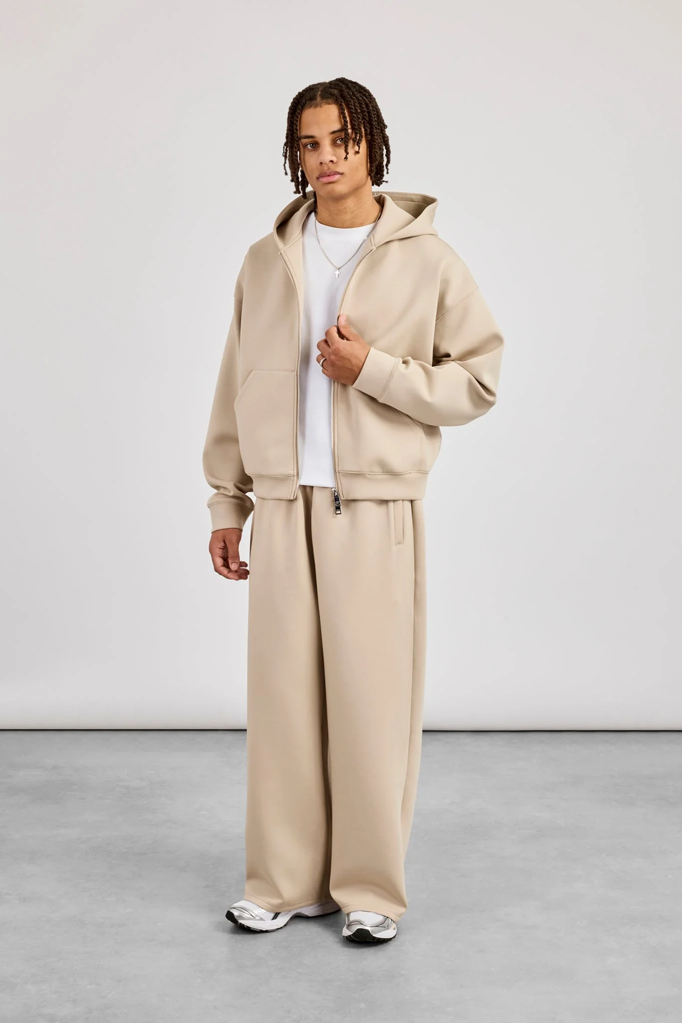 Scuba Zip Through Boxy Hoodie & Baggy Fit Trouser - Stone - Image 6