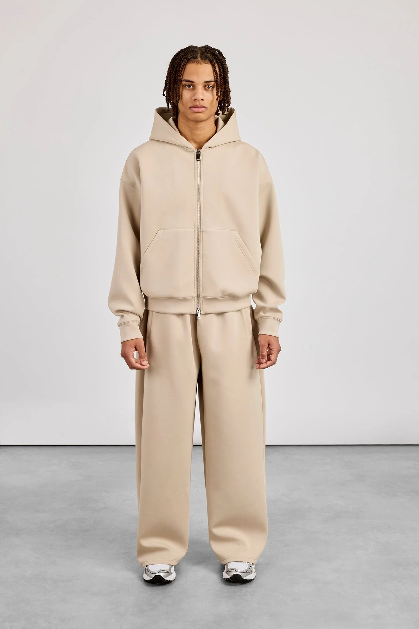 Scuba Zip Through Boxy Hoodie & Baggy Fit Trouser - Stone - Image 7