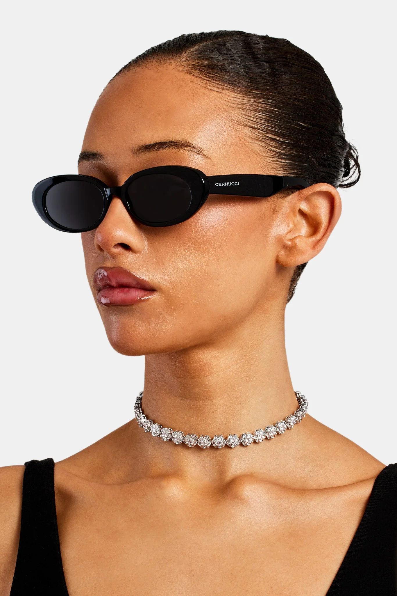 Slim Oval Acetate Sunglasses  - Black - Image 2