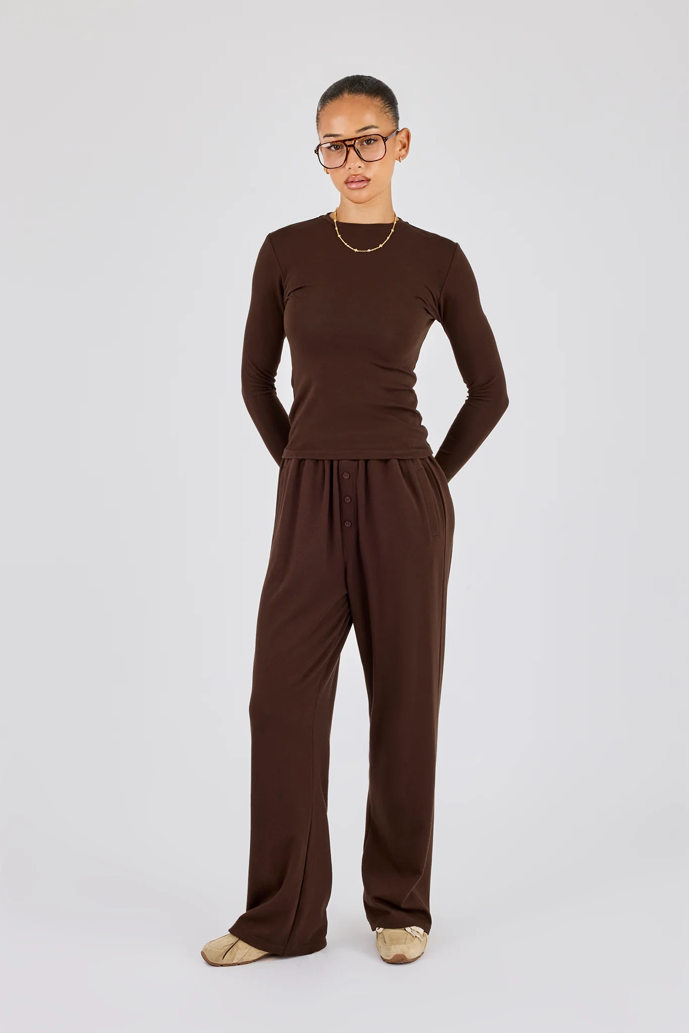 Soft Touch Button Detail Trouser - Chocolate - Image 3