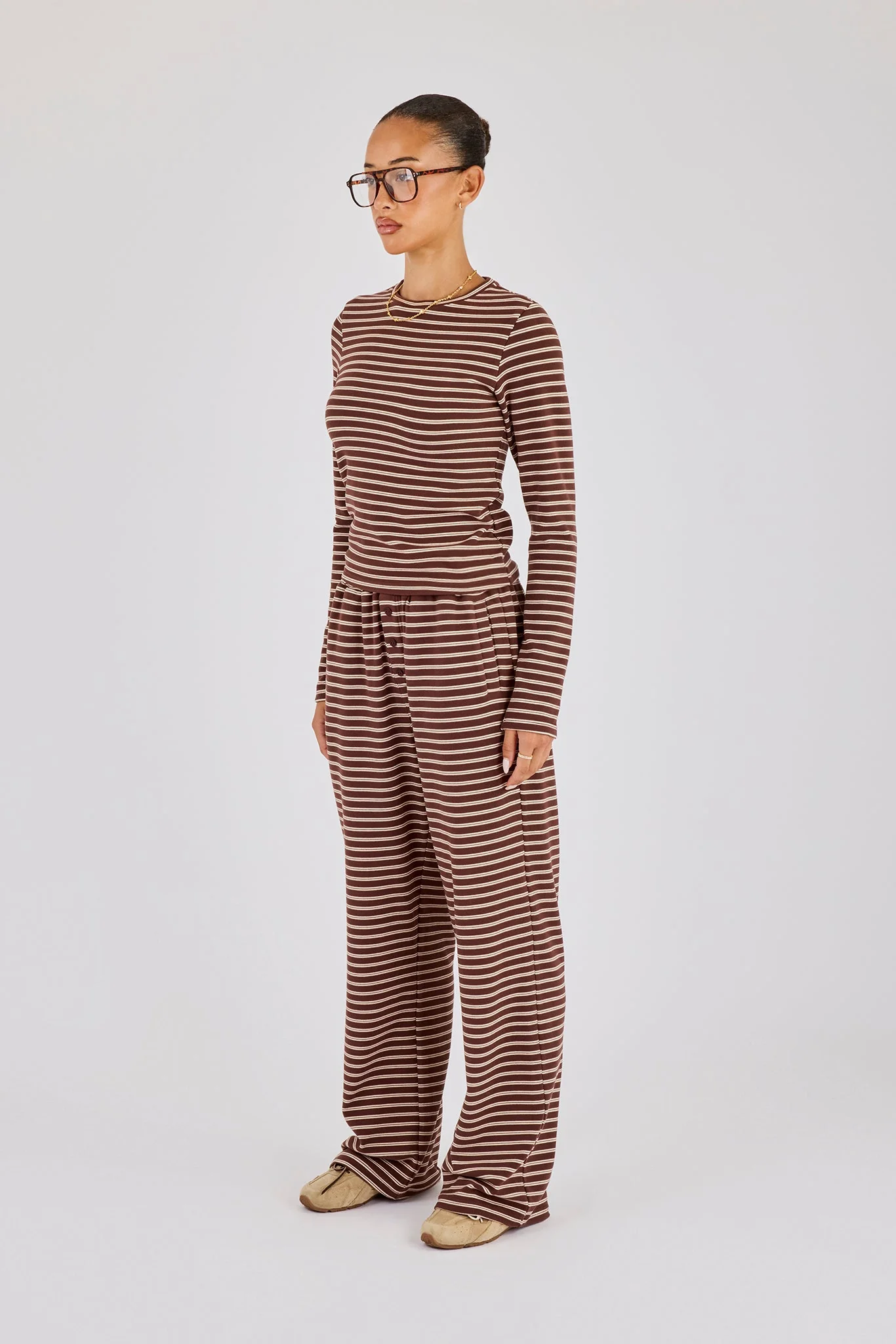 Soft Touch Double Stripe Long Sleeve Top & Wide Leg Trouser - Chocolate - Image 2