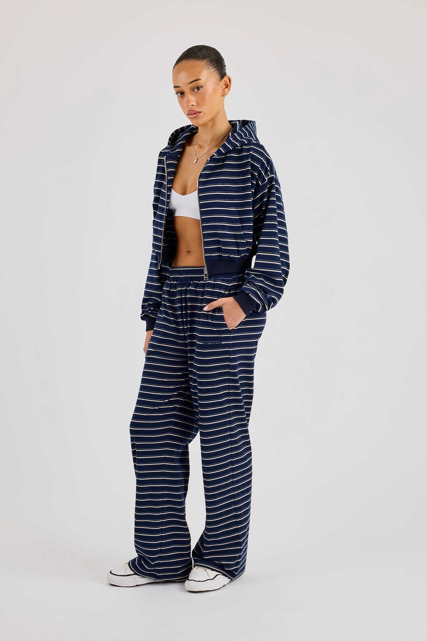 Soft Touch Stripe Zip Through Hoodie & Wide Leg Jogger - Navy - Image 2