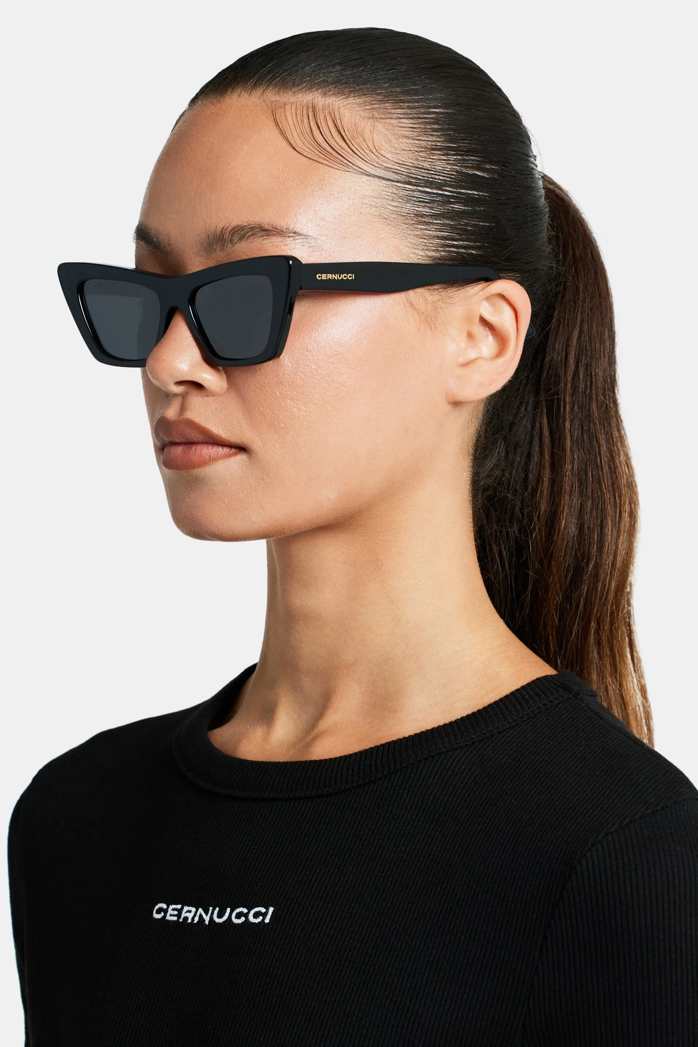 Square Cat Eye Acetate Frame Sunglasses - Black - Image 2