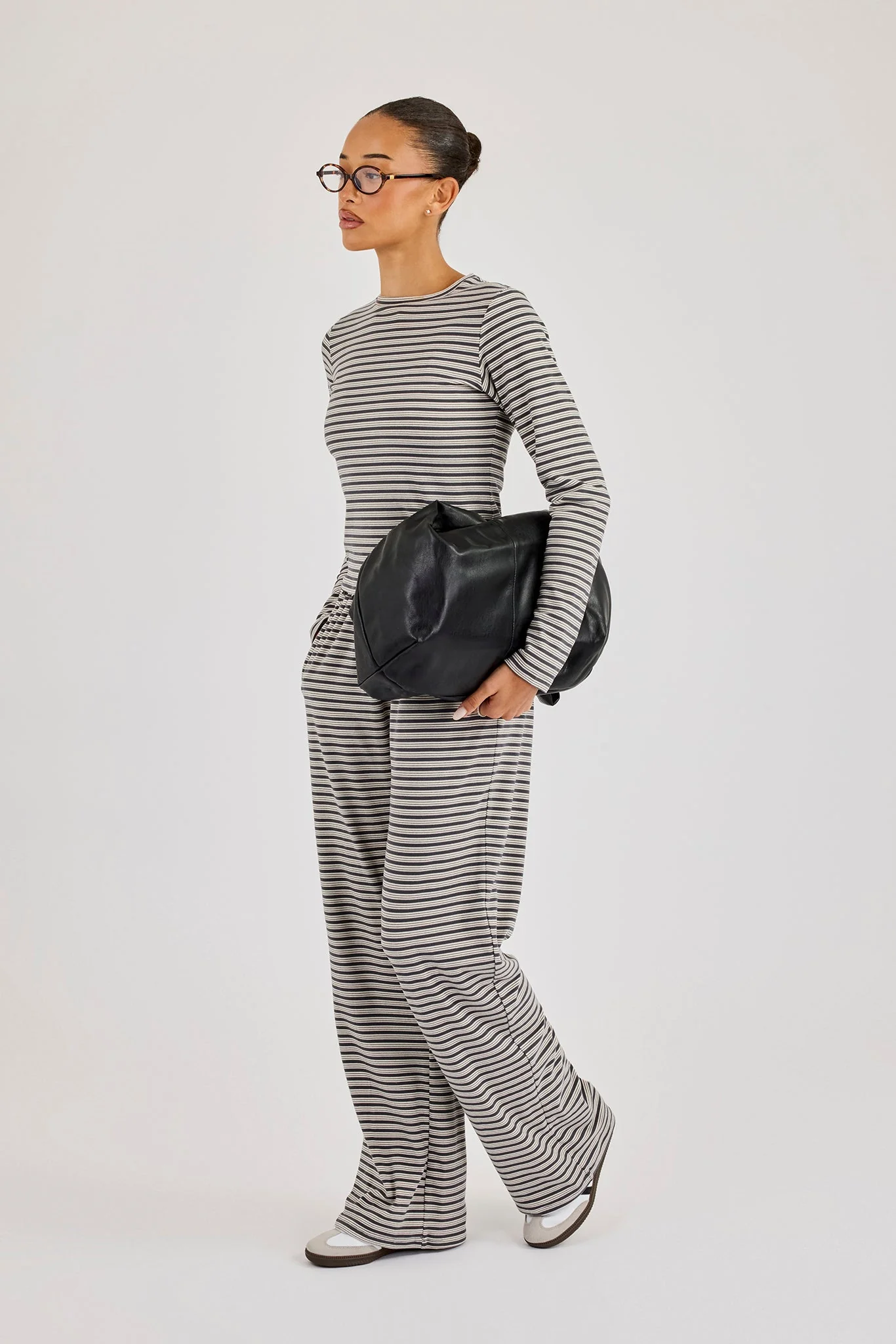 Stripe Soft Touch Long Sleeve Top & Button Detail Wide Leg Jogger - Grey