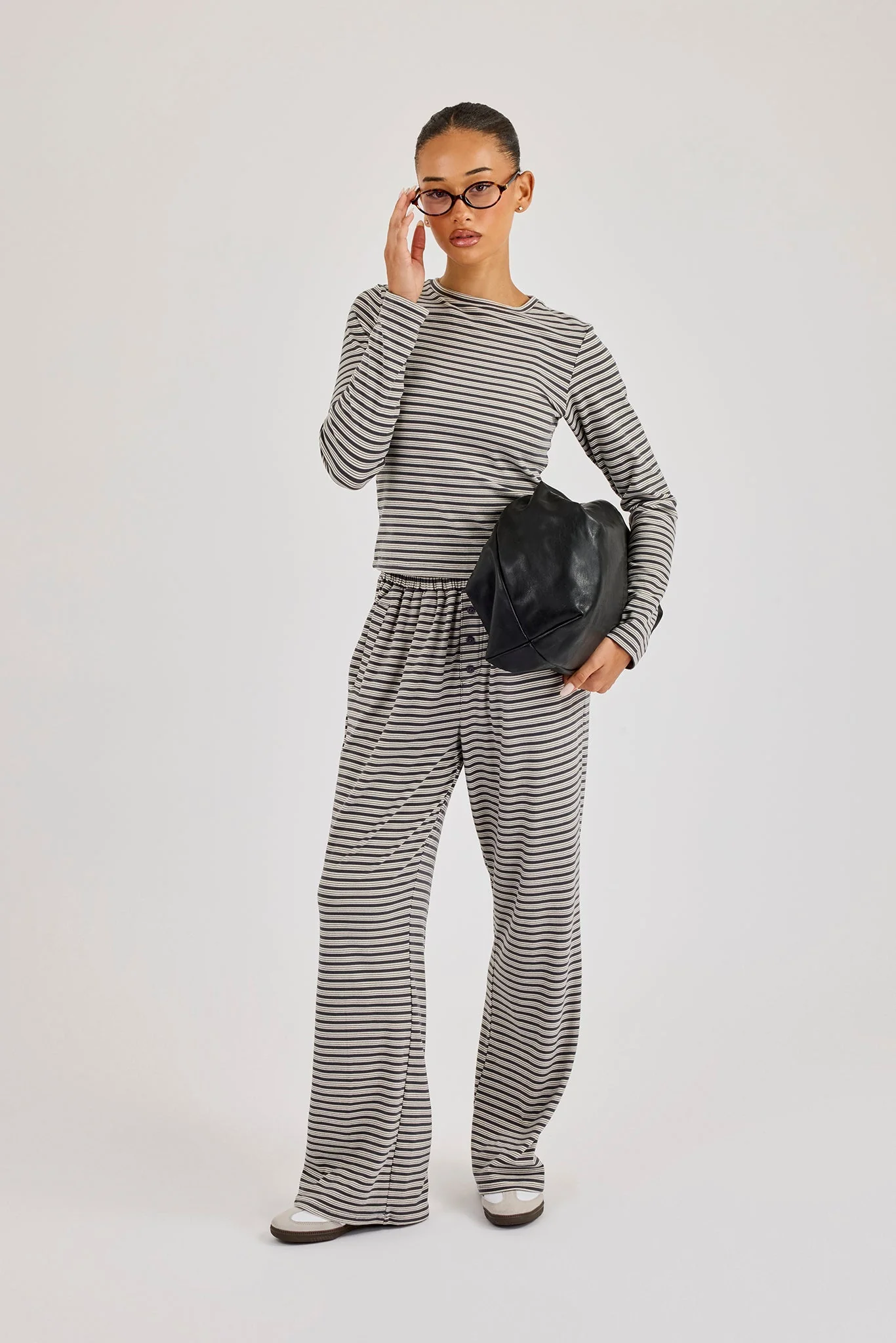Stripe Soft Touch Long Sleeve Top & Button Detail Wide Leg Jogger - Grey - Image 2