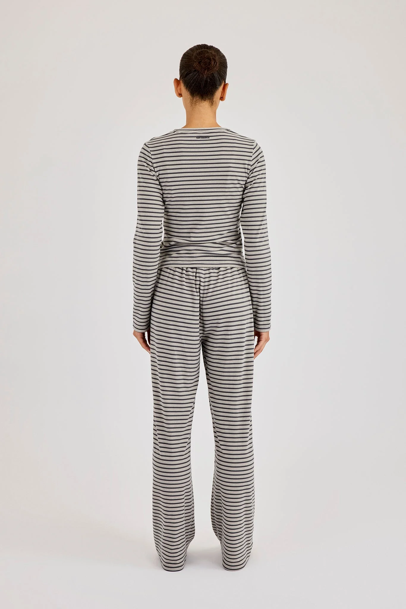 Stripe Soft Touch Long Sleeve Top & Button Detail Wide Leg Jogger - Grey - Image 3