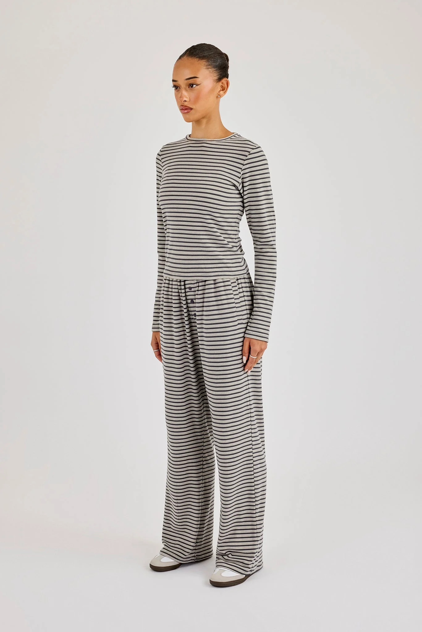 Stripe Soft Touch Long Sleeve Top & Button Detail Wide Leg Jogger - Grey - Image 4