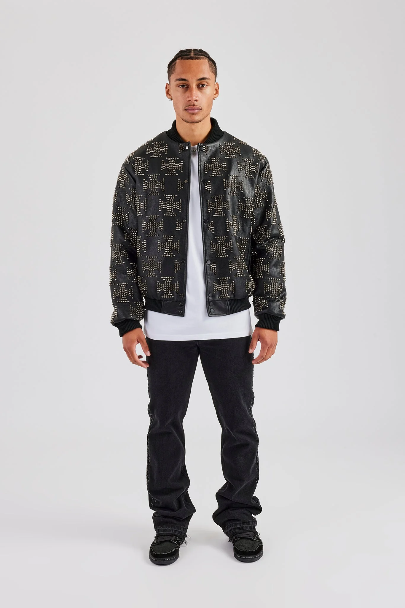 Studded Oversized PU Bomber Jacket - Image 3