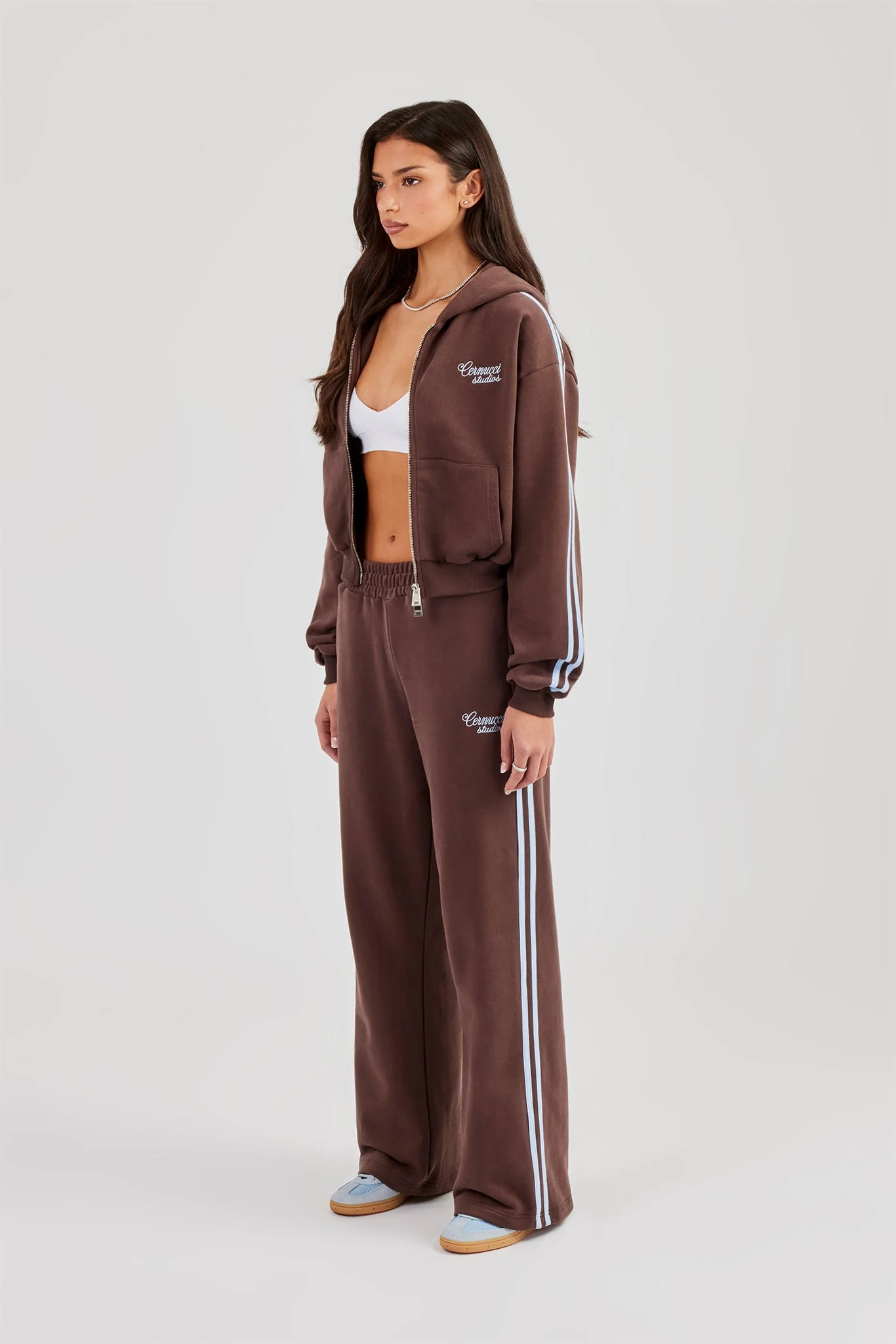 Studios Taping Boxy Zip Through Hoodie & Wide Leg Joggers - Chocolate - Image 2