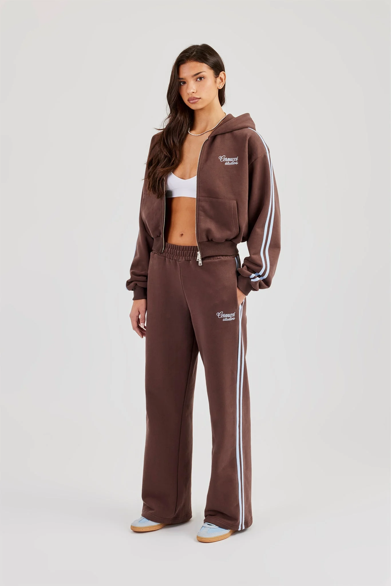 Studios Taping Boxy Zip Through Hoodie & Wide Leg Joggers - Chocolate - Image 4