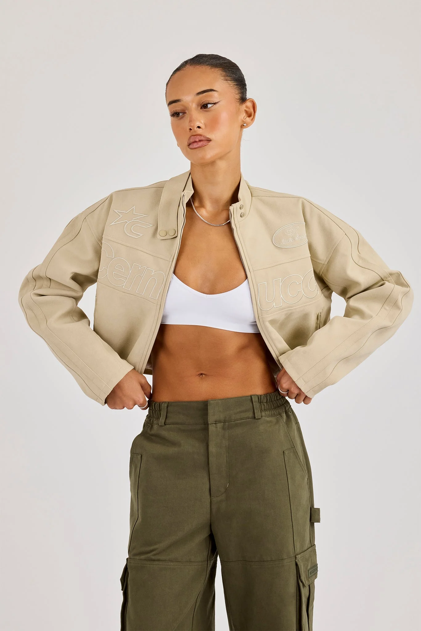 Suede Applique Moto Jacket - Beige - Image 2