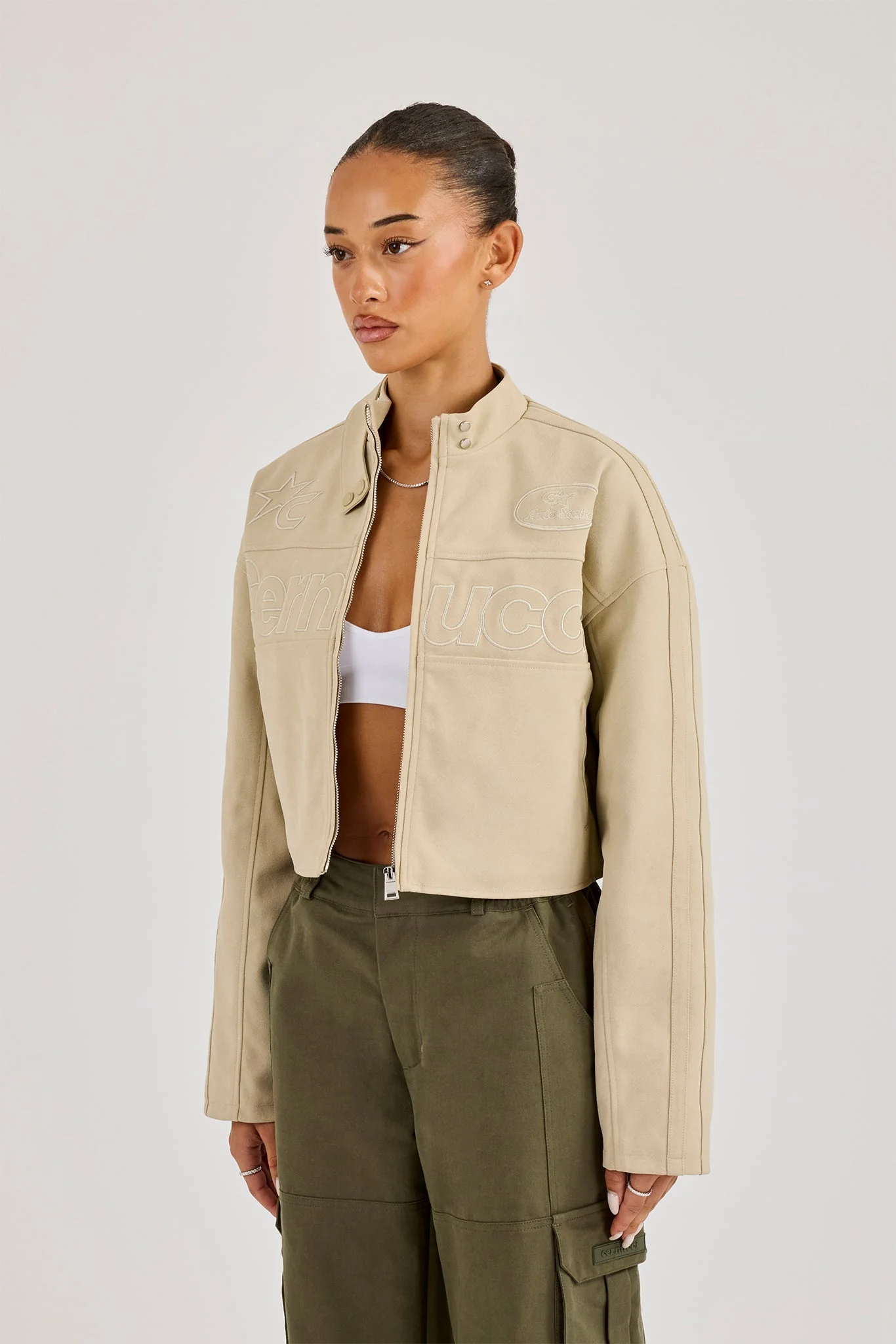 Suede Applique Moto Jacket - Beige - Image 4
