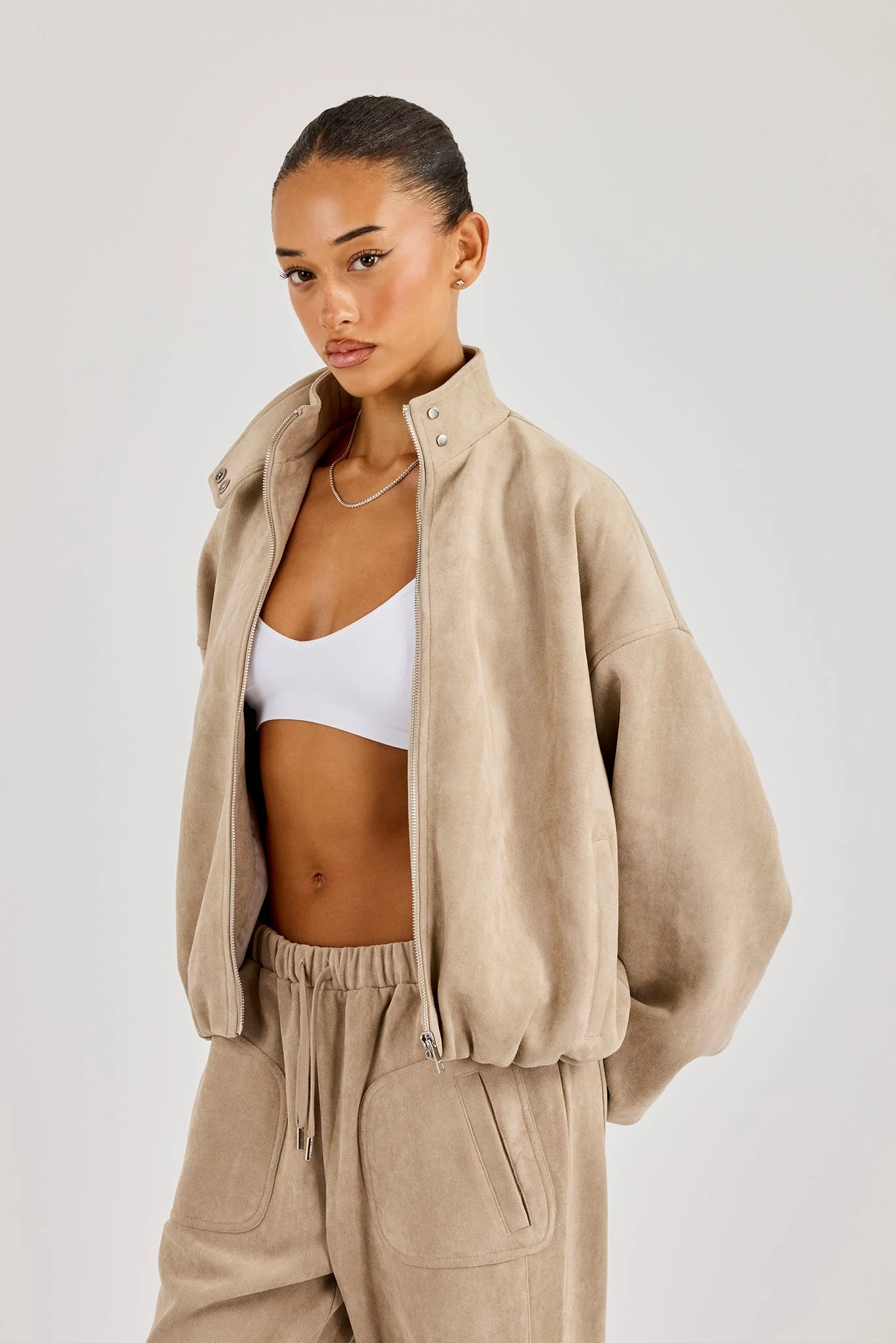 Suede Biker Jacket - Beige - Image 2