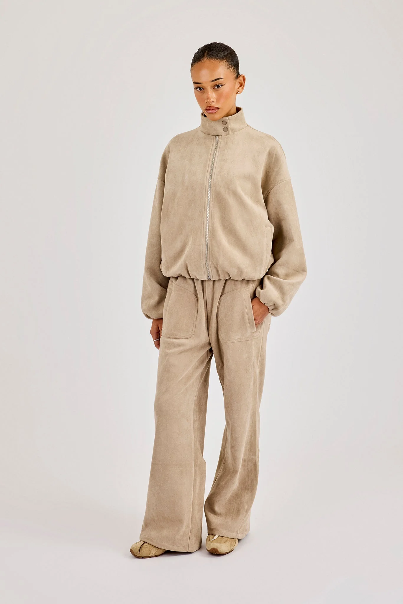 Suede Biker Jacket & Wide Leg Jogger - Beige - Image 2