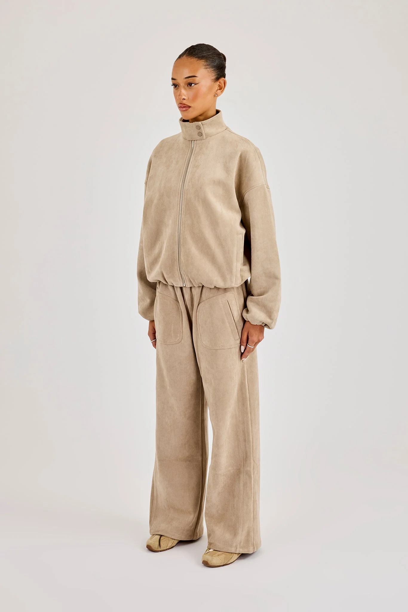 Suede Biker Jacket & Wide Leg Jogger - Beige - Image 3