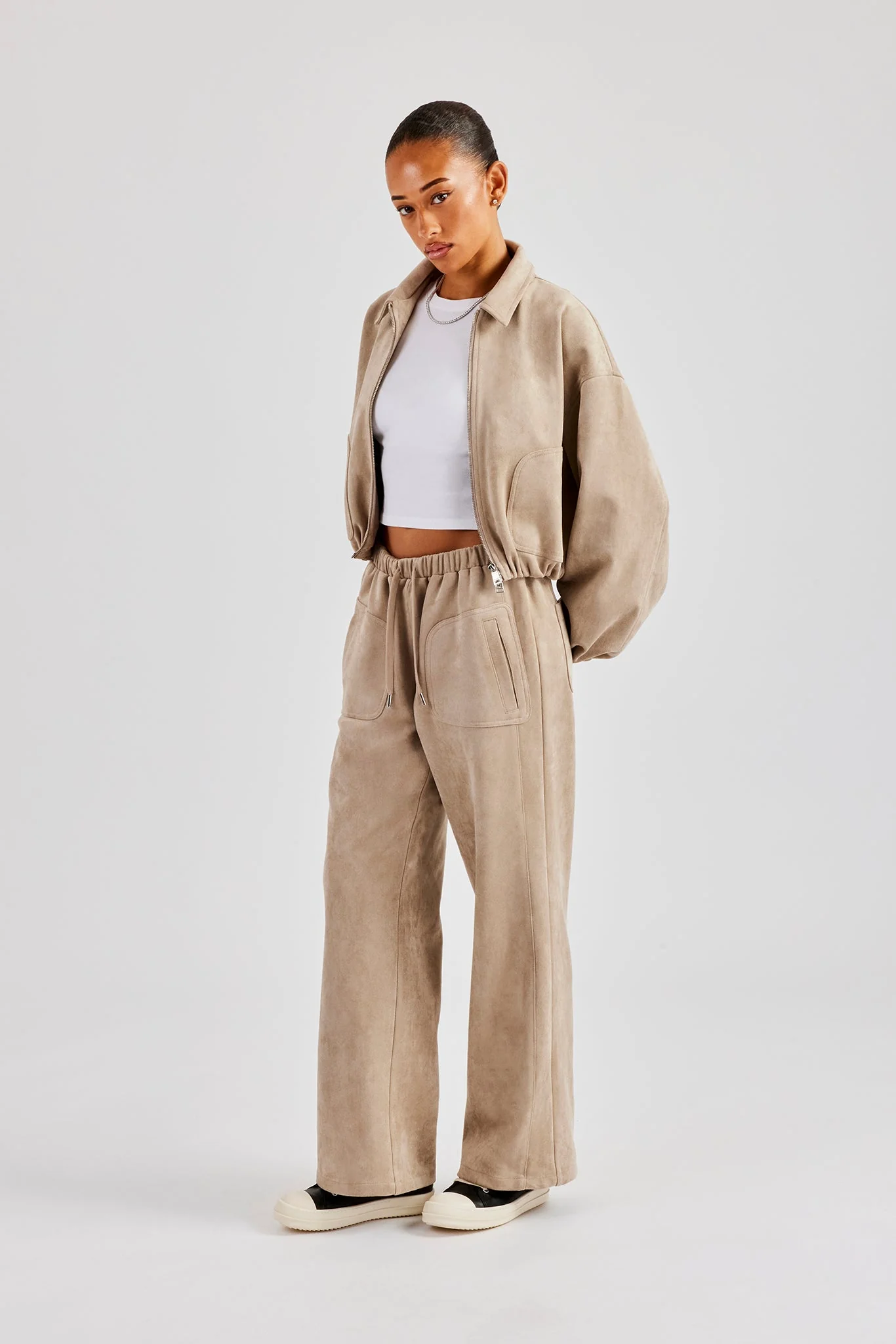 Suede Collared Bomber Jacket - Beige - Image 2