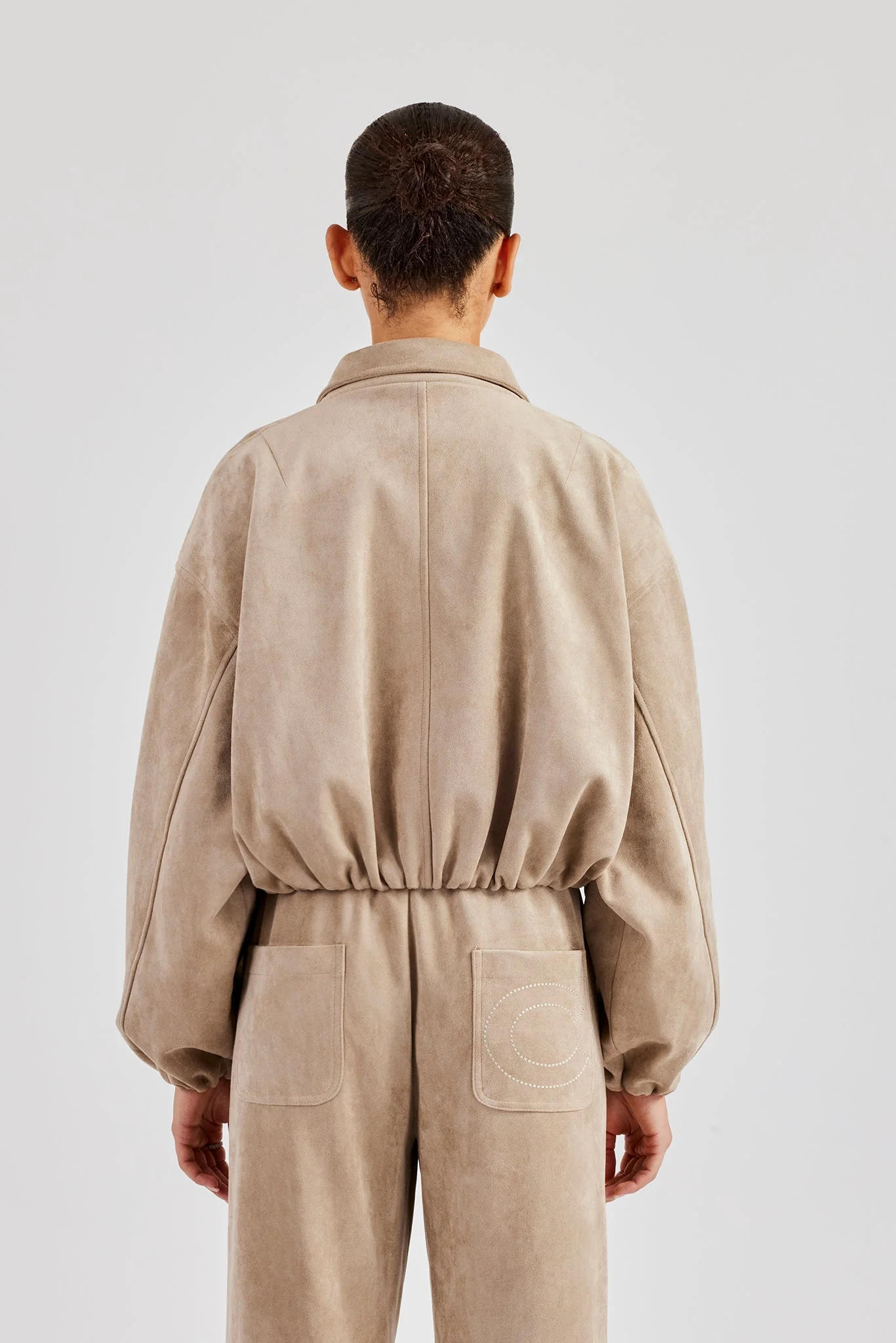 Suede Collared Bomber Jacket - Beige - Image 4