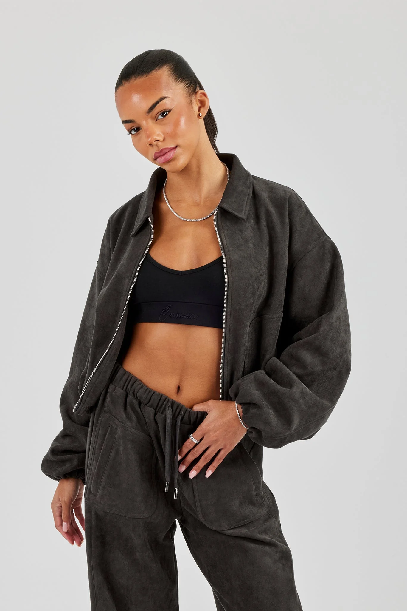 Suede Collared Bomber Jacket - Charcoal