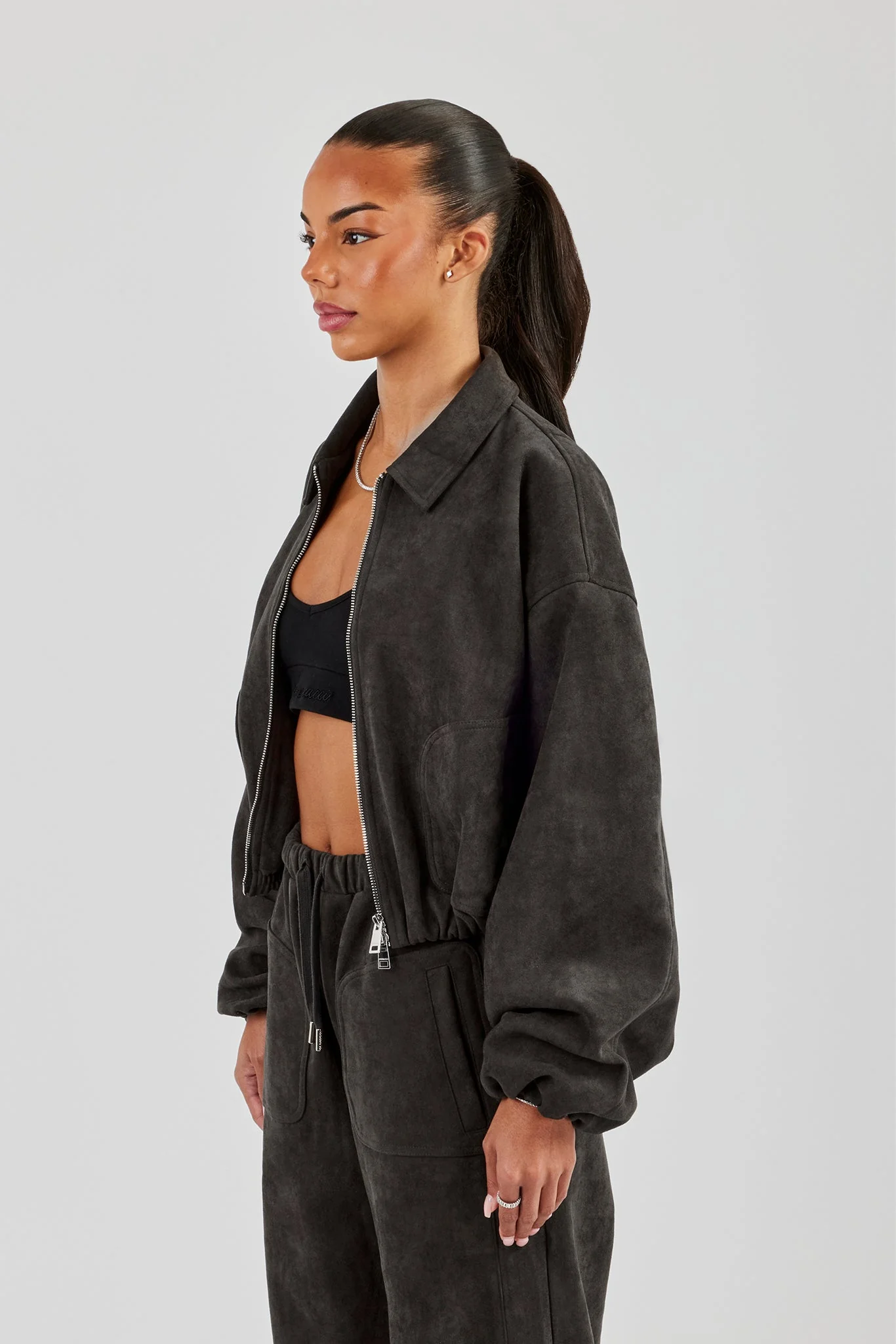 Suede Collared Bomber Jacket - Charcoal - Image 3