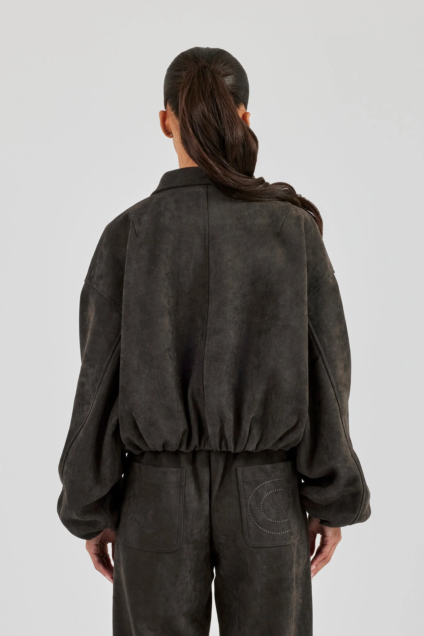 Suede Collared Bomber Jacket - Charcoal - Image 4