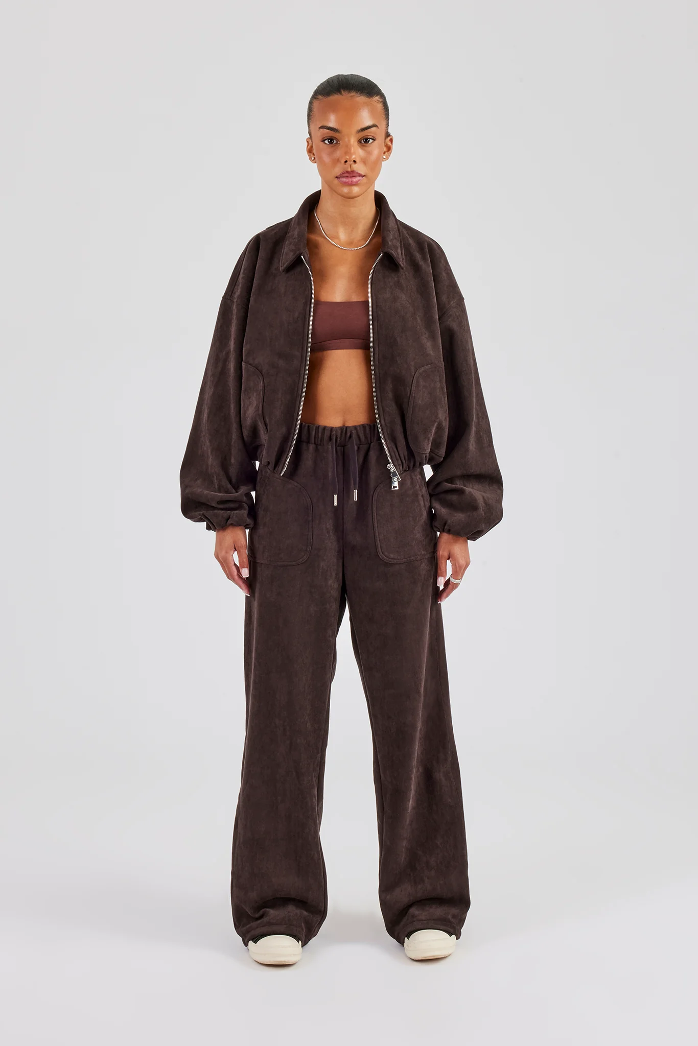 Suede Collared Bomber Jacket & Wide Leg Trouser - Chocolate - Image 2