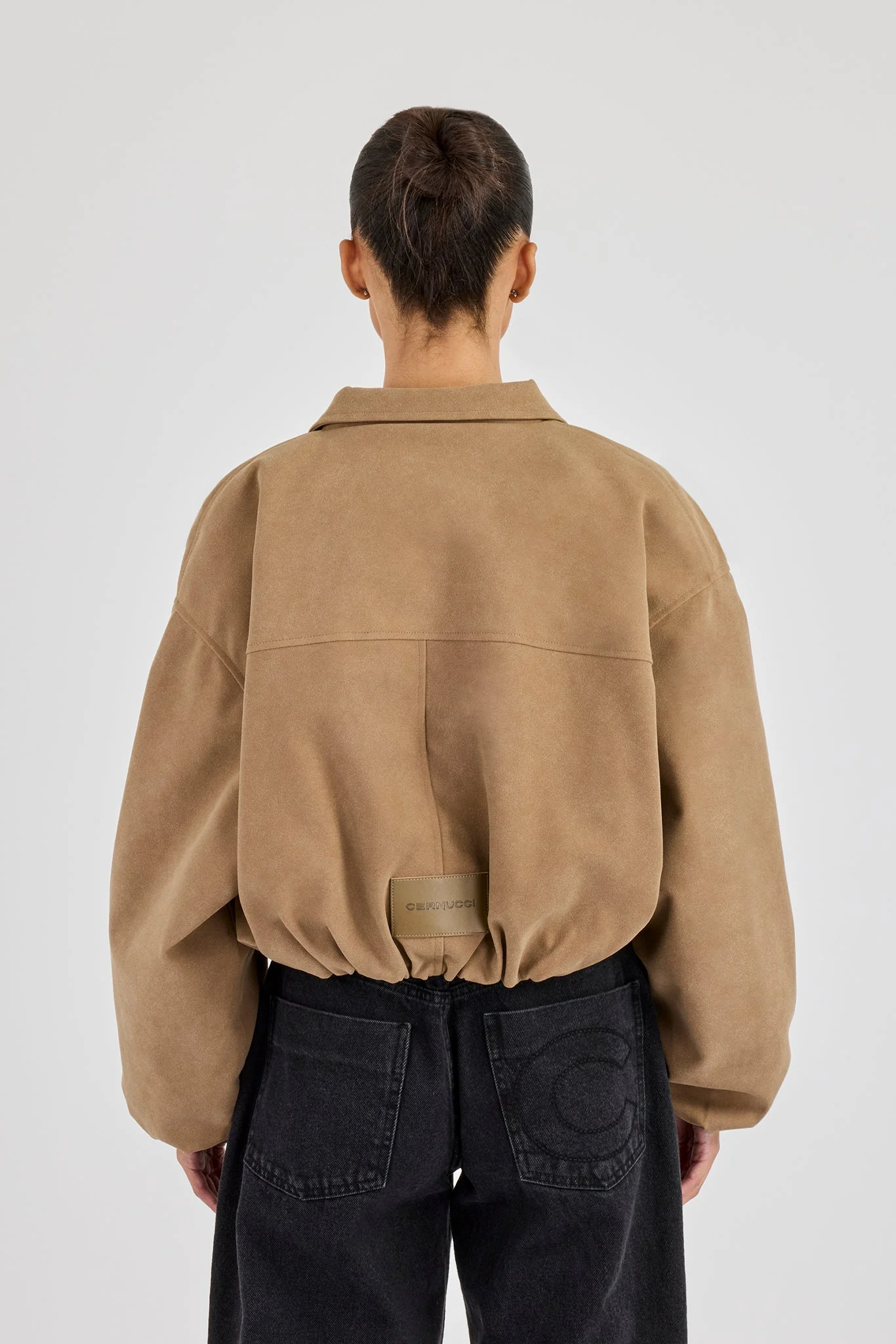 Suede Moto Badge Collared Bomber - Taupe - Image 3