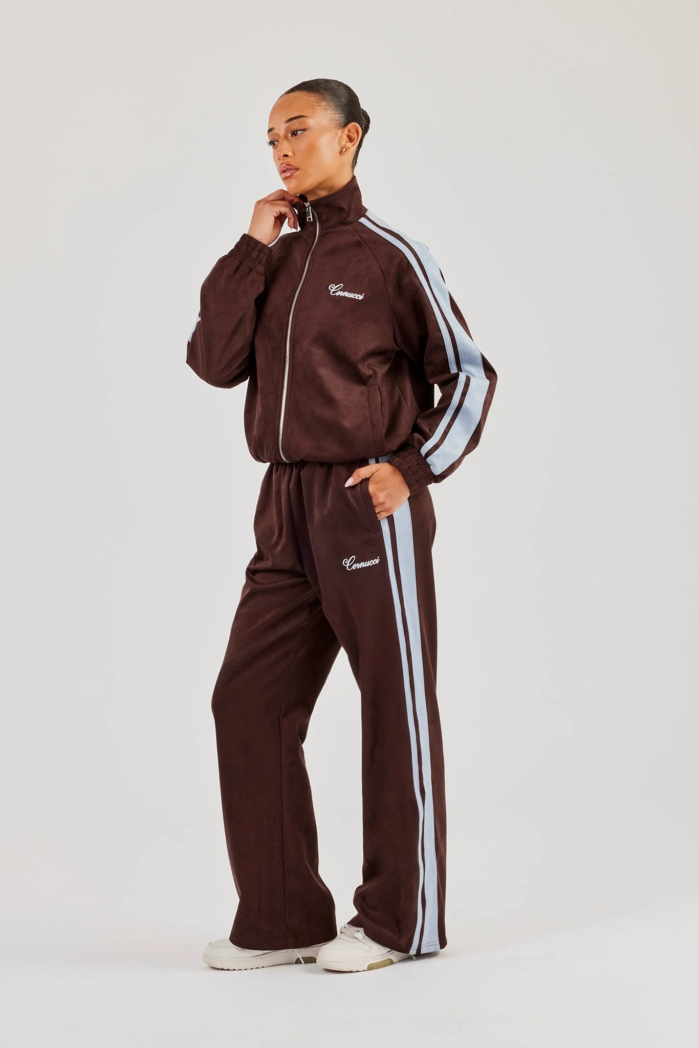 Suede Track Jacket & Jogger With Side Stripes - Coffee - Image 3