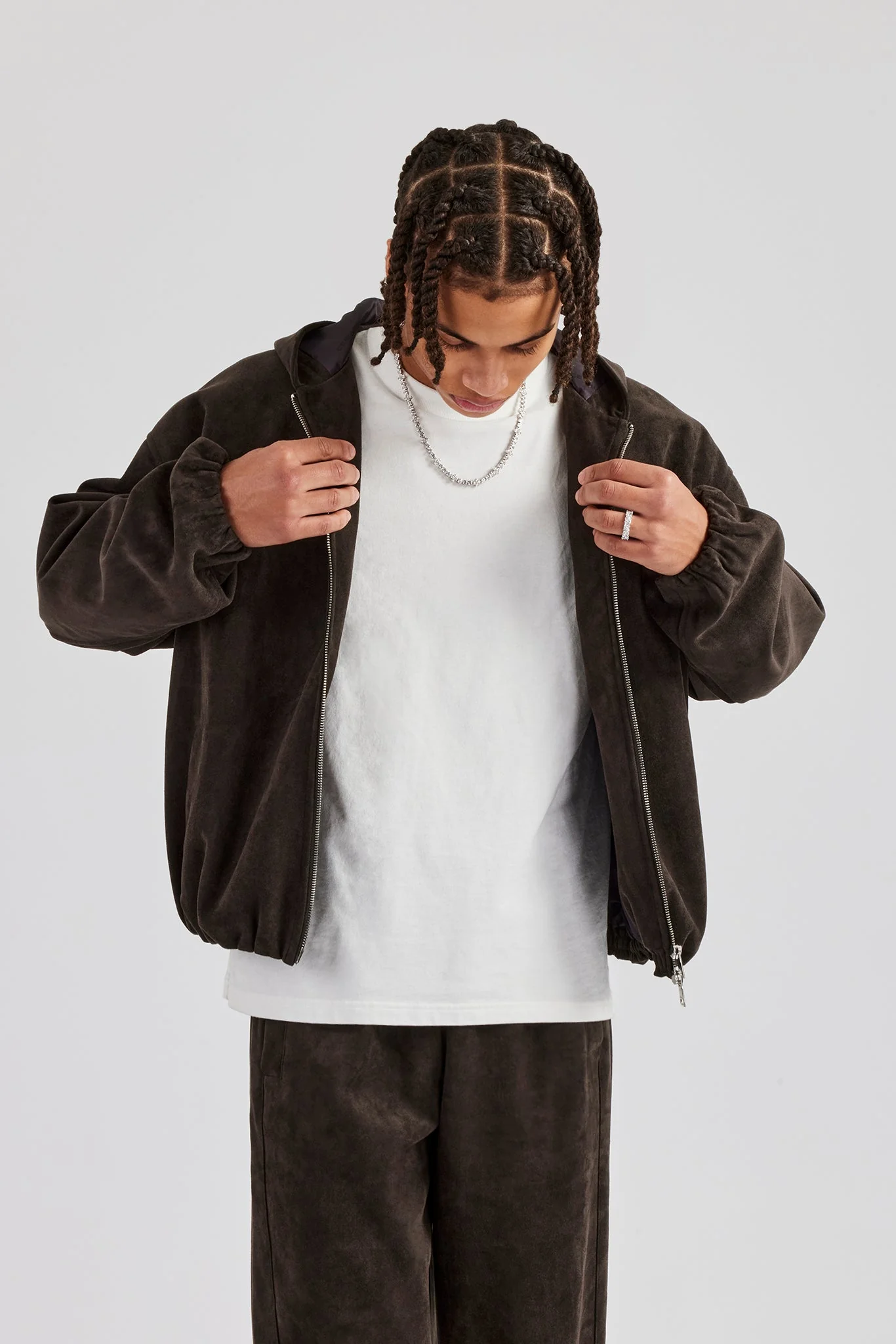 Suede Zip Through Hooded Jacket - Charcoal - Image 4