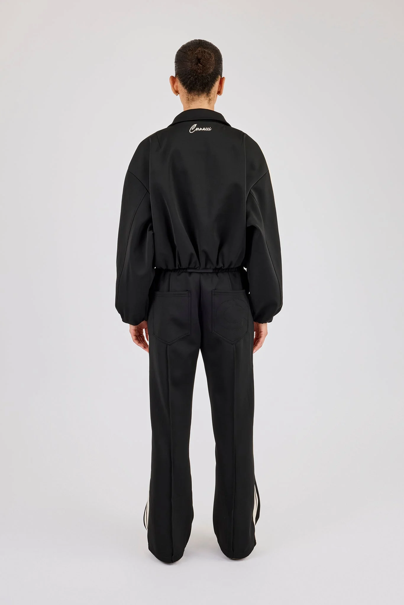 Taping Collared Bomber Jacket & Wide Leg Track Pant - Black - Image 3