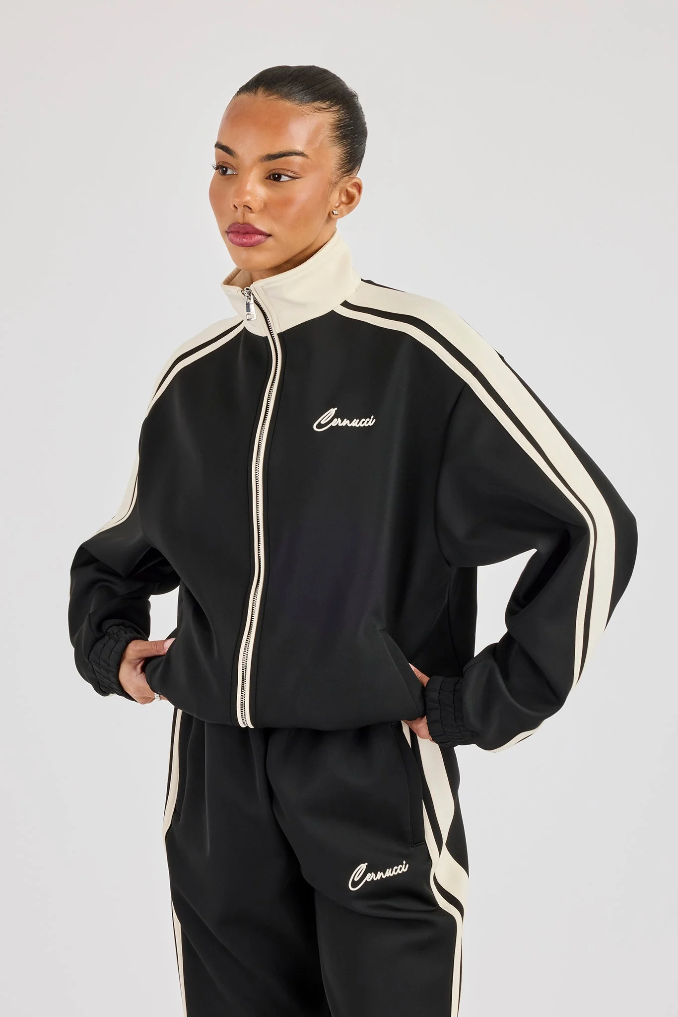 Taping Contrast Collar Track Jacket - Black - Image 2