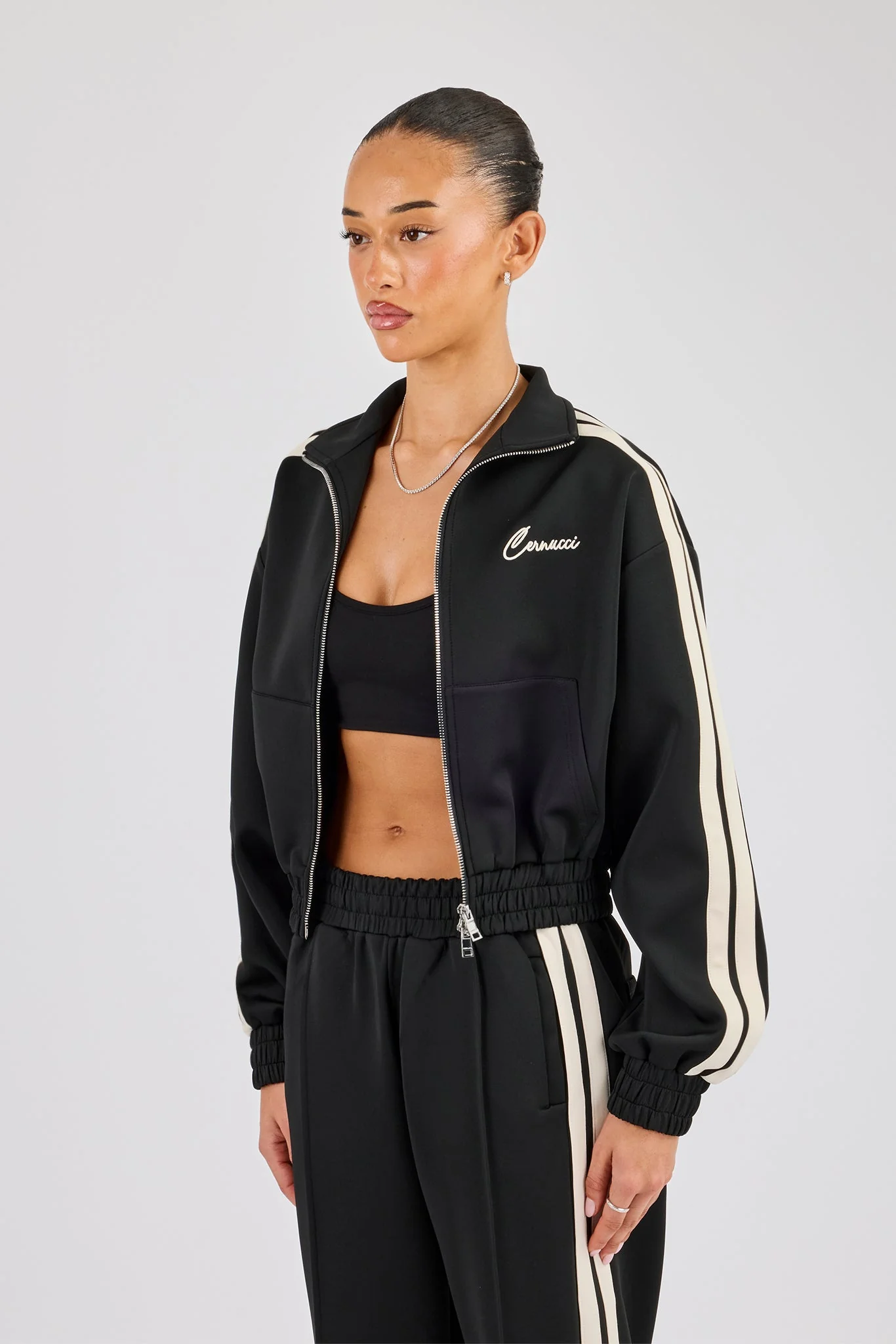Taping Cropped Funnel Neck Jacket - Black - Image 2