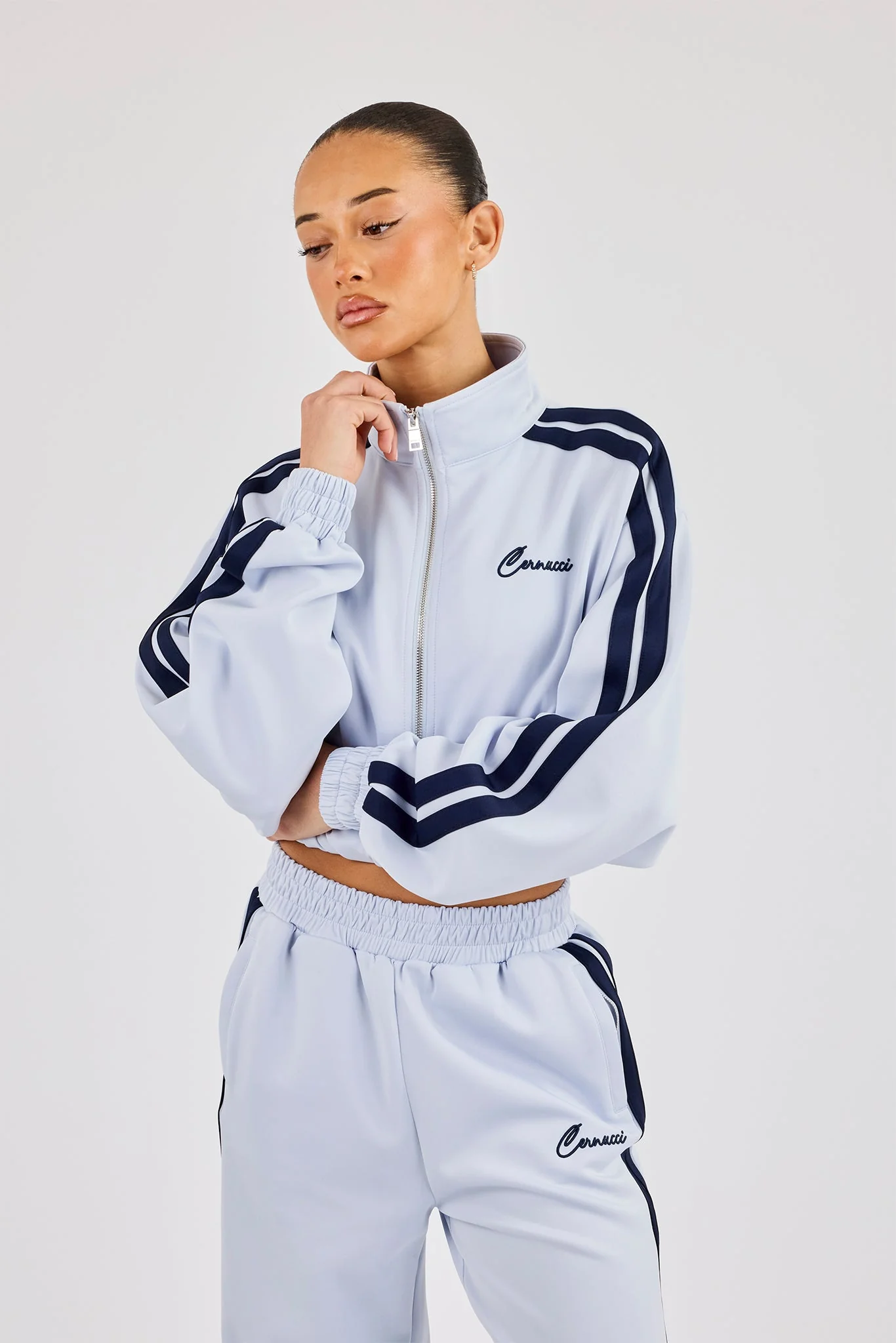 Taping Cropped Funnel Neck Jacket - Light Blue