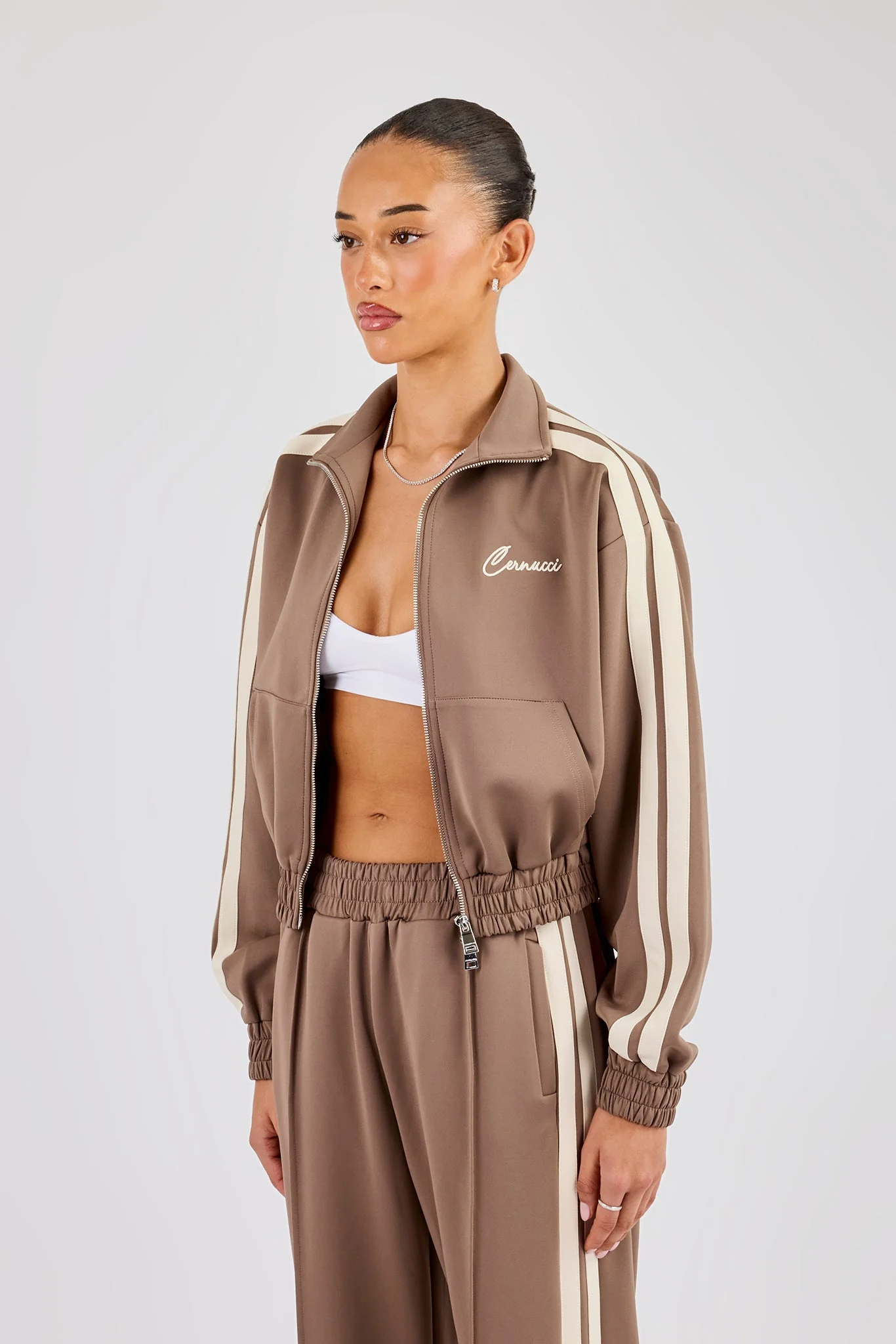Taping Cropped Funnel Neck Jacket - Taupe - Image 2