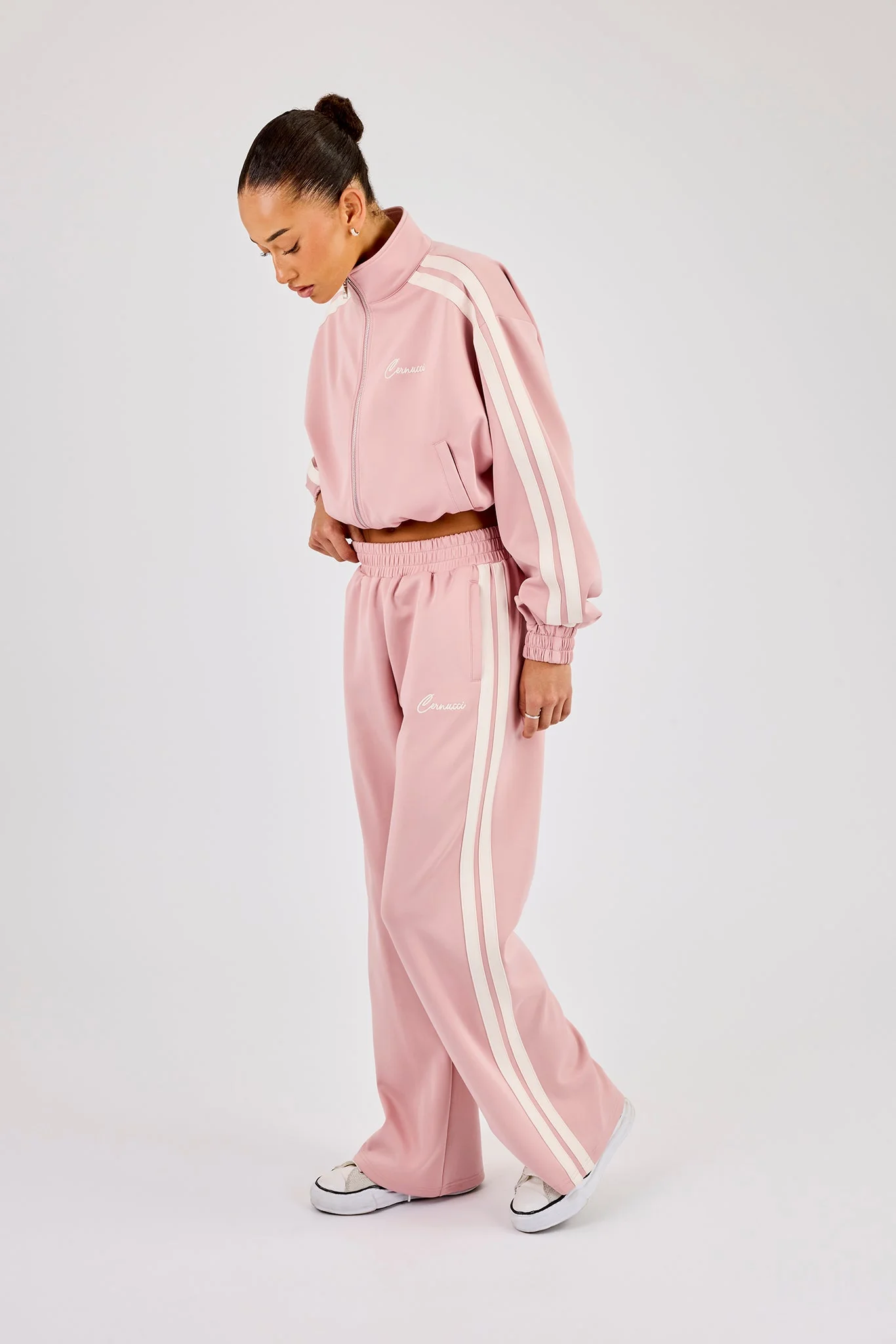Taping Cropped Funnel Neck Jacket & Wide Leg Track Pant - Dusty Pink