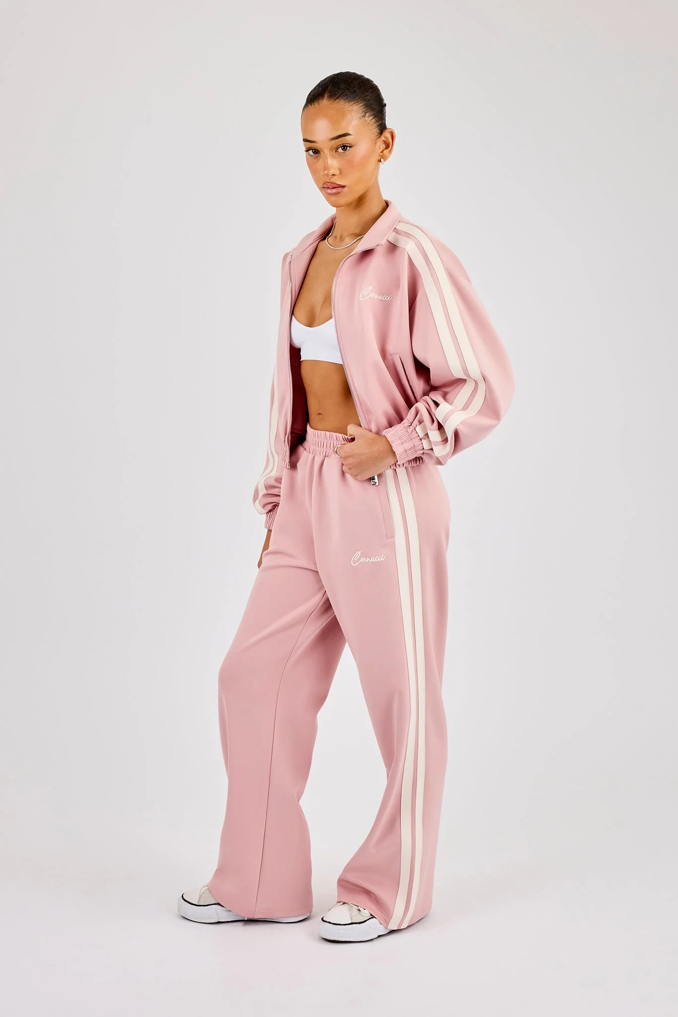 Taping Cropped Funnel Neck Jacket & Wide Leg Track Pant - Dusty Pink - Image 2