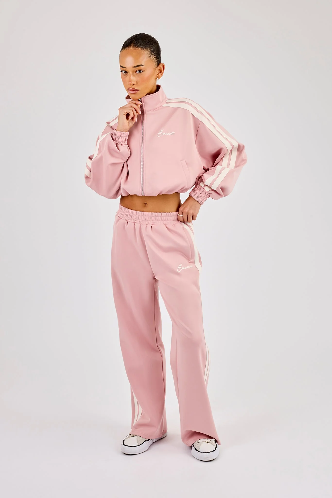 Taping Cropped Funnel Neck Jacket & Wide Leg Track Pant - Dusty Pink - Image 4