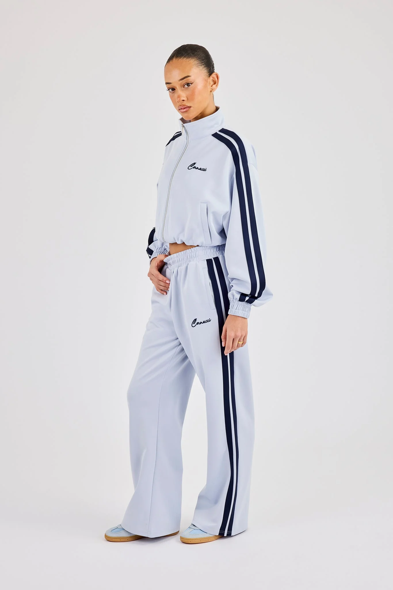 Taping Cropped Funnel Neck Jacket & Wide Leg Track Pant - Light Blue