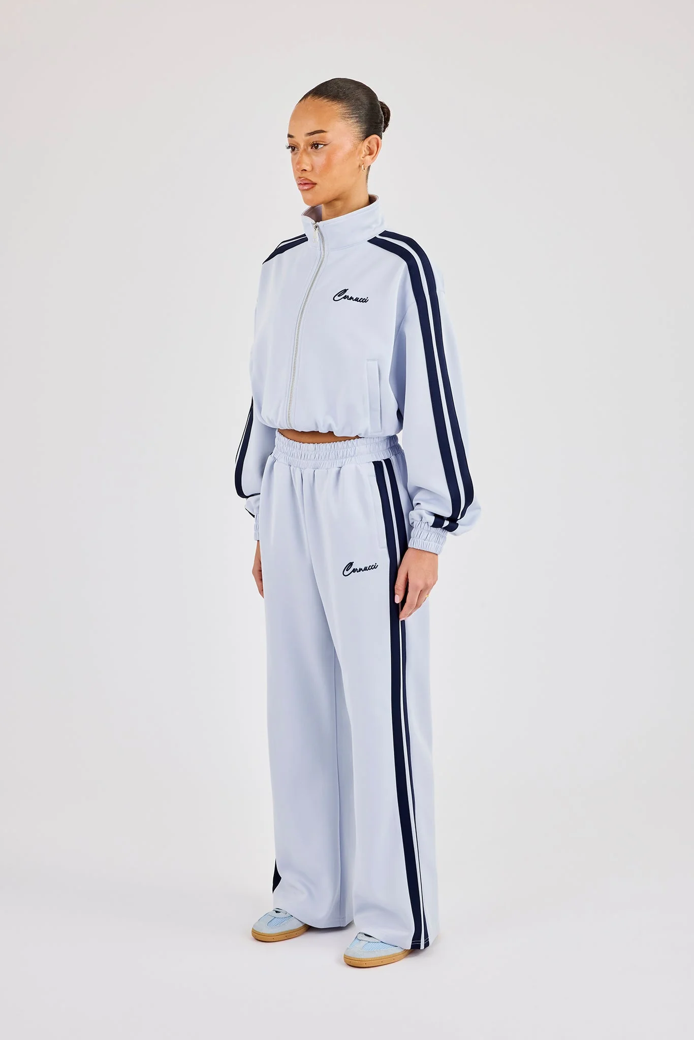 Taping Cropped Funnel Neck Jacket & Wide Leg Track Pant - Light Blue - Image 2